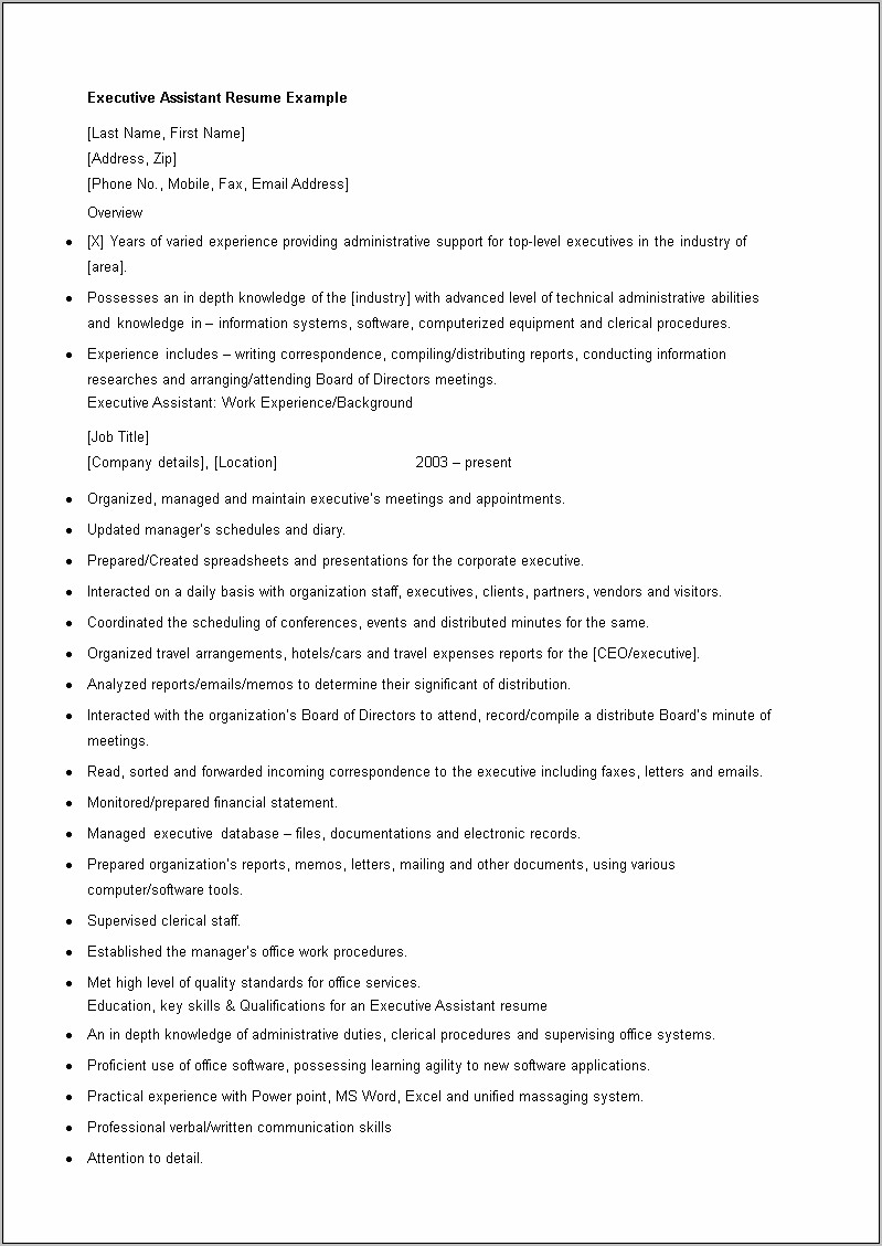 Resume Executive Assistant Summary Example