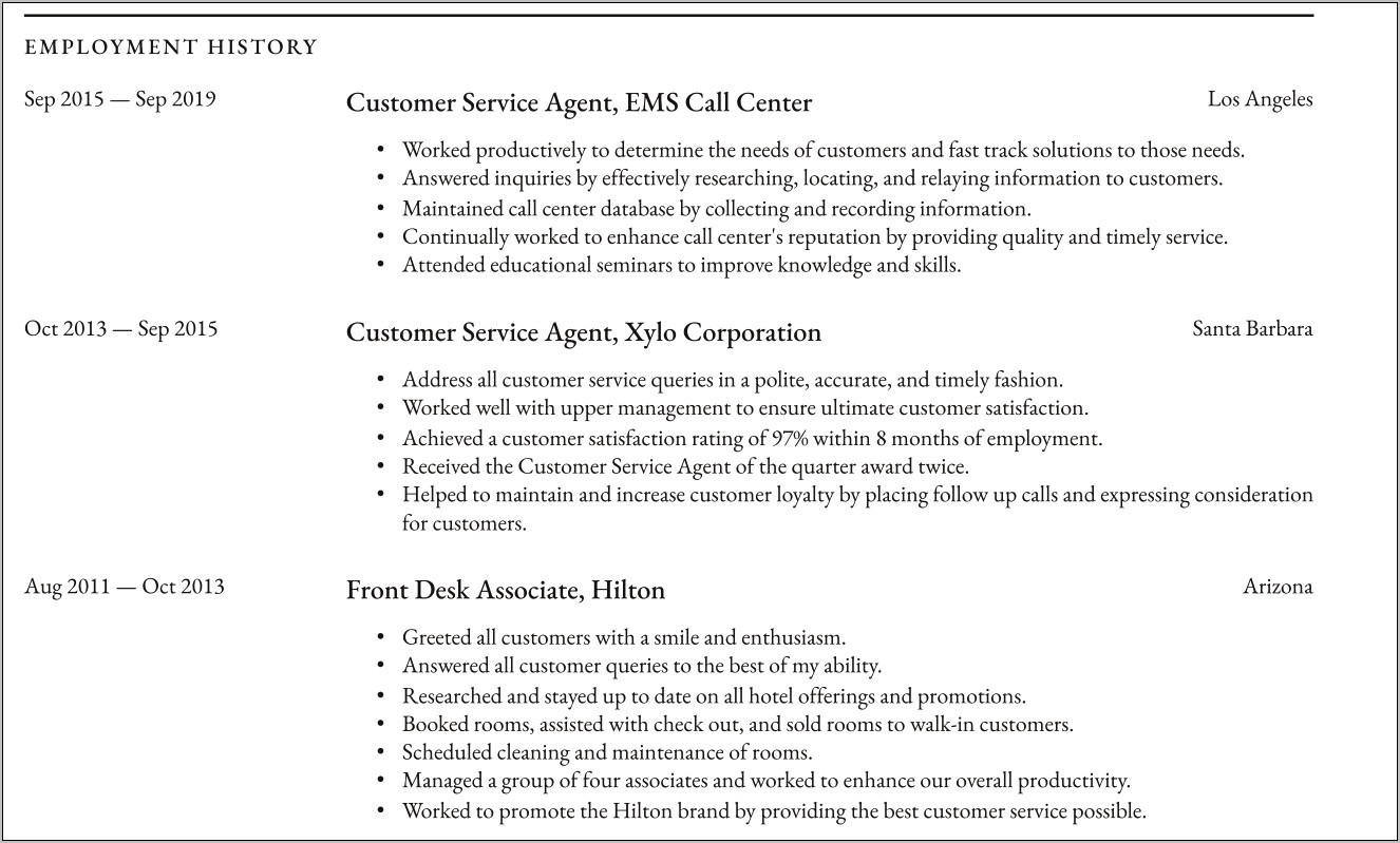 Resume Experience Managed Customer Service