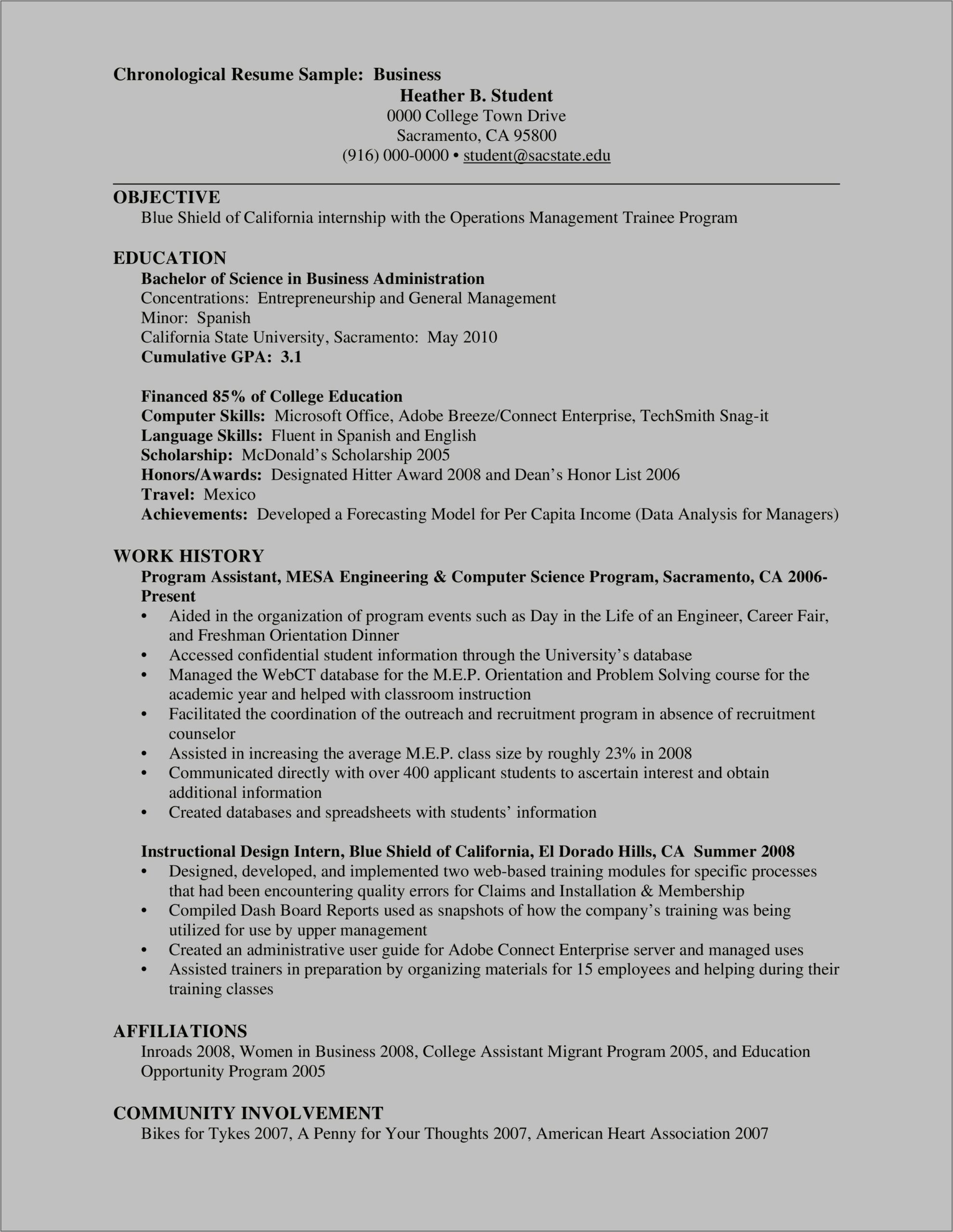 Resume For A Management Trainee