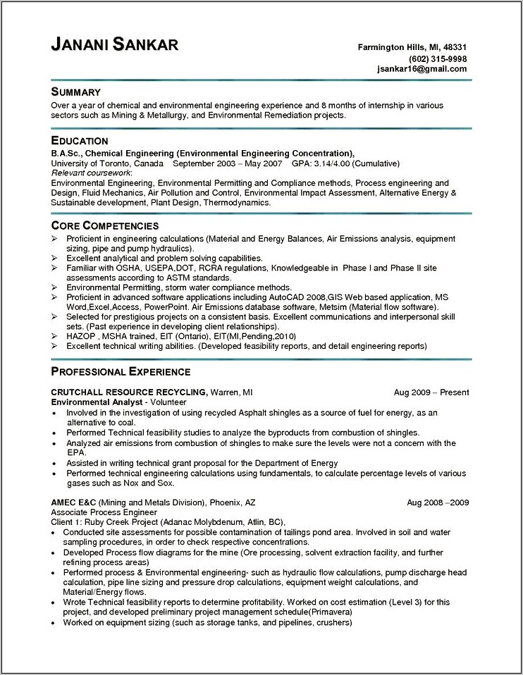 Resume For A Mining Job