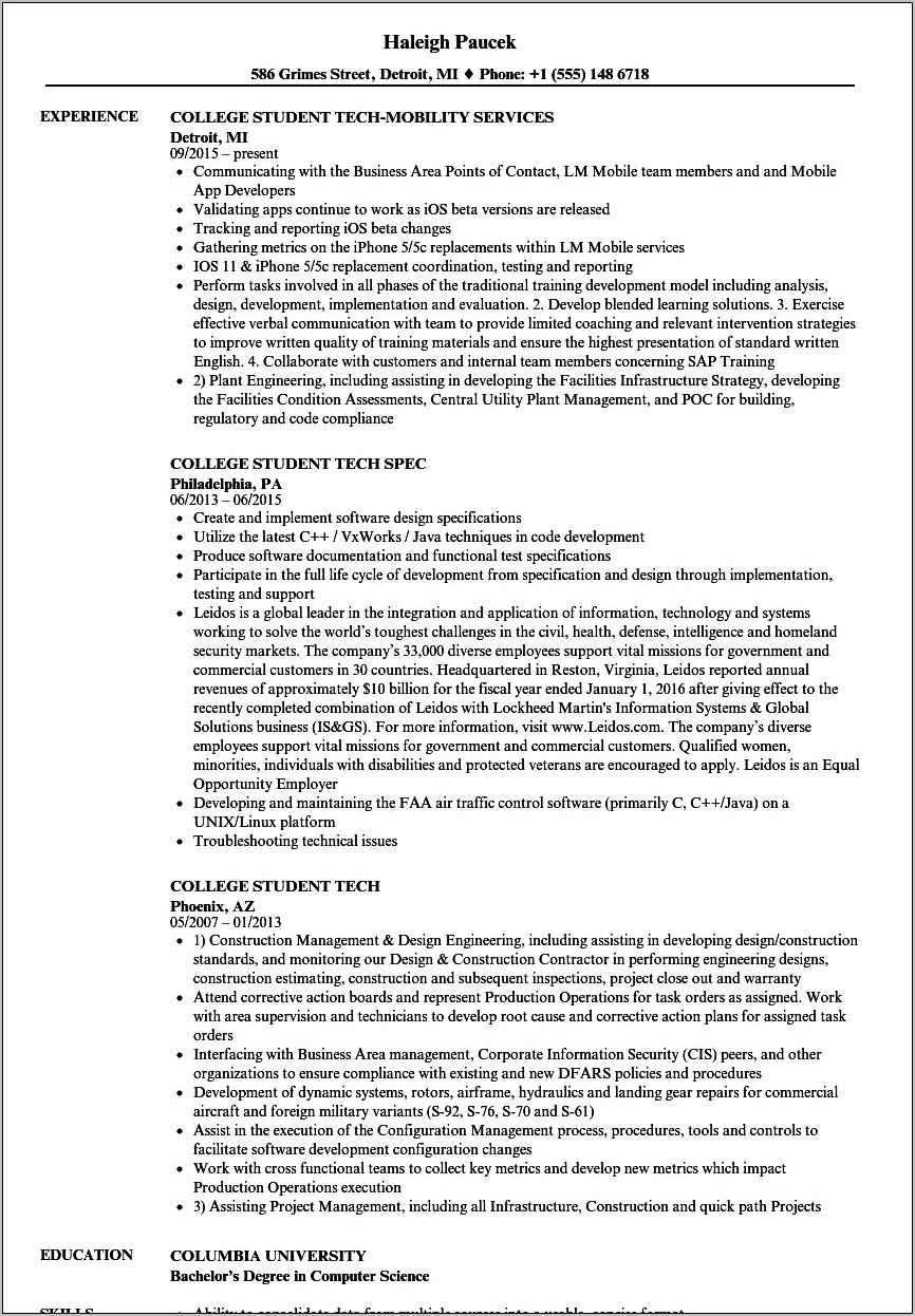 Resume For After College Examples
