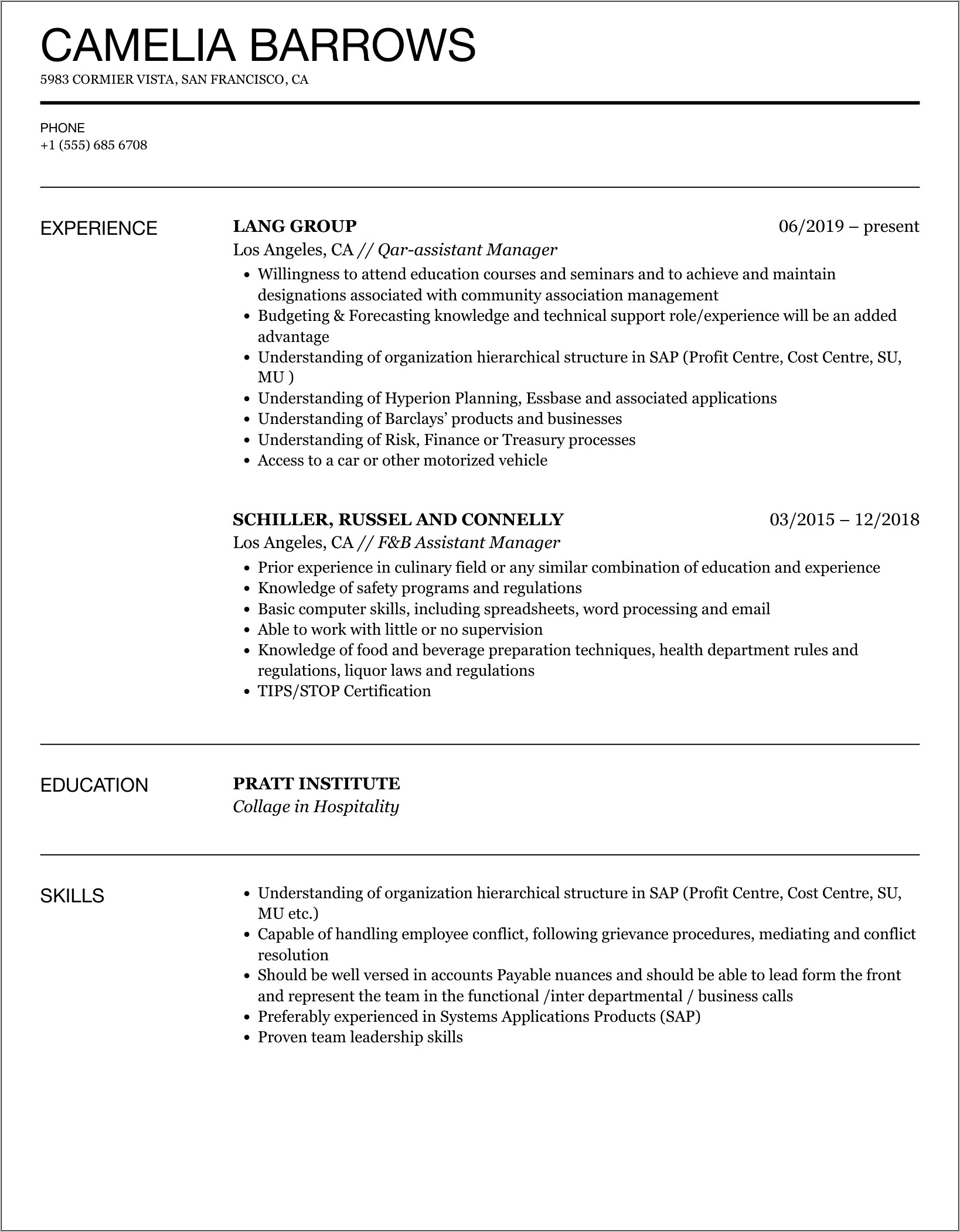 Resume For Assistant Manager Position