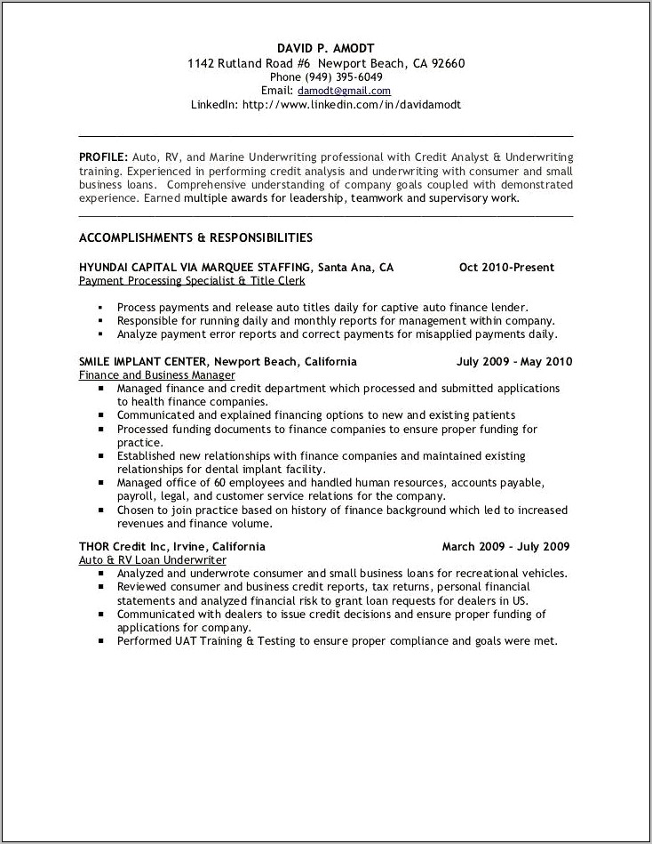 Resume For Auto Finance Manager