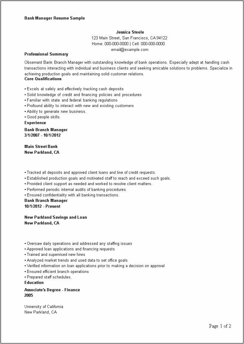 Resume For Bank Manager Post
