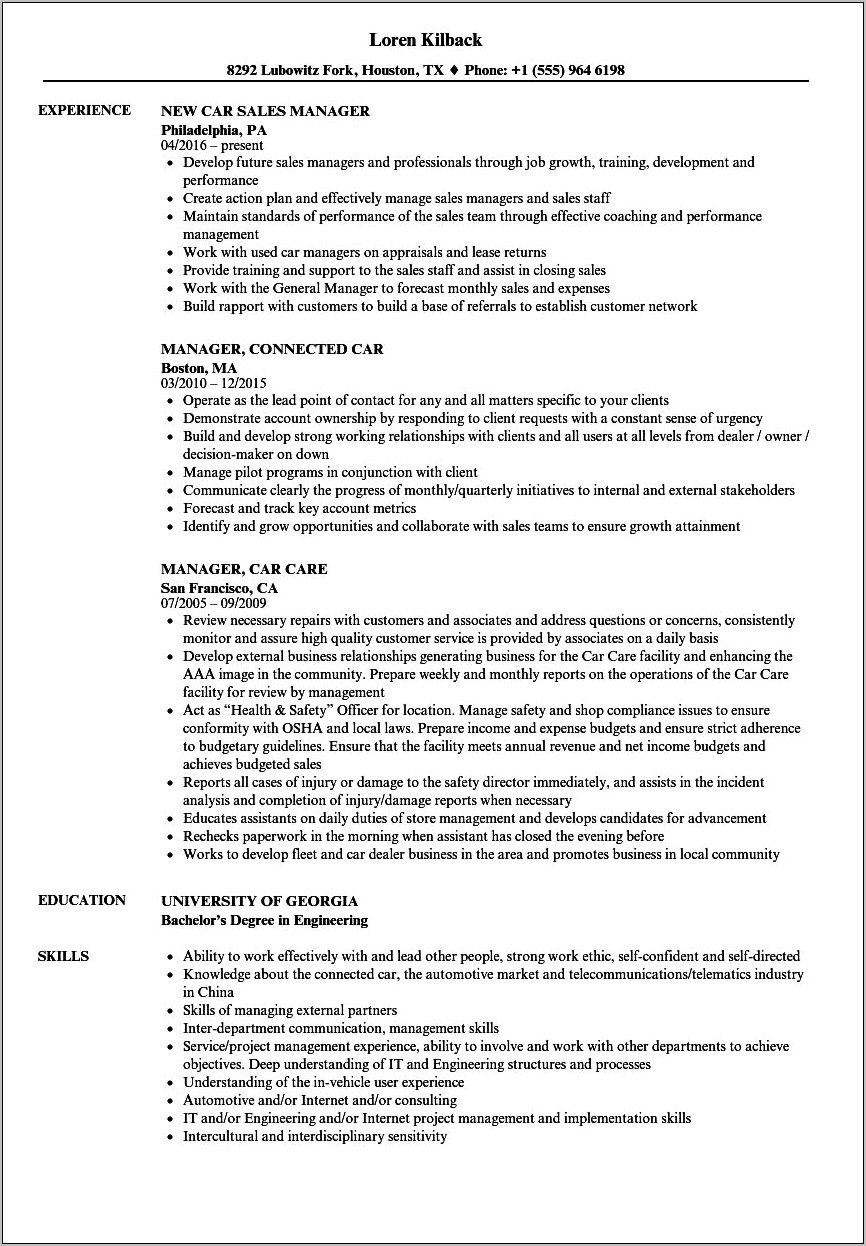 Resume For Cars Sales Managers