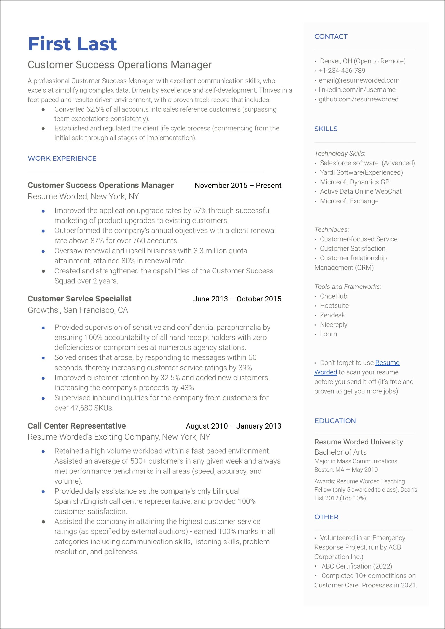 Resume For Client Success Manager