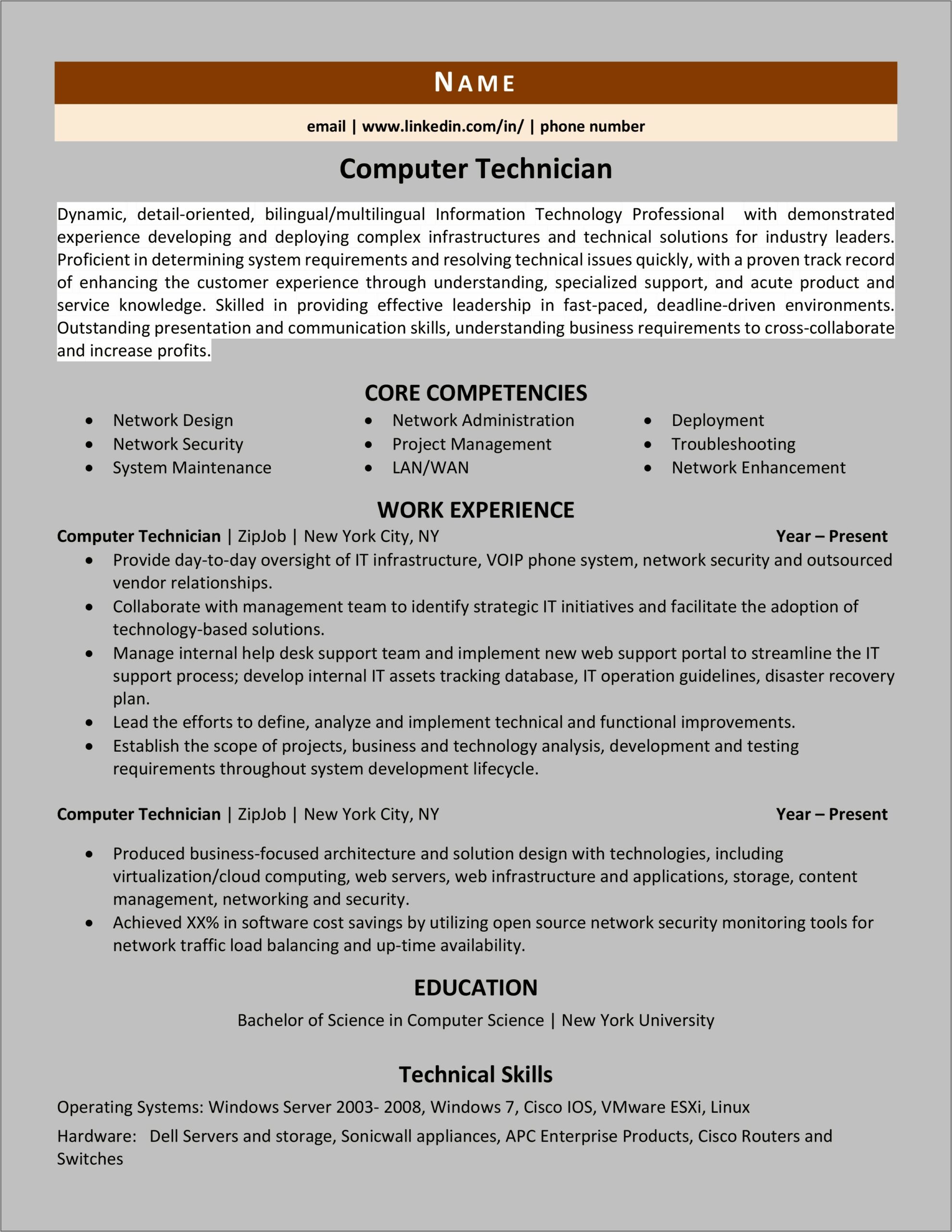 Resume For Computer Technician Job