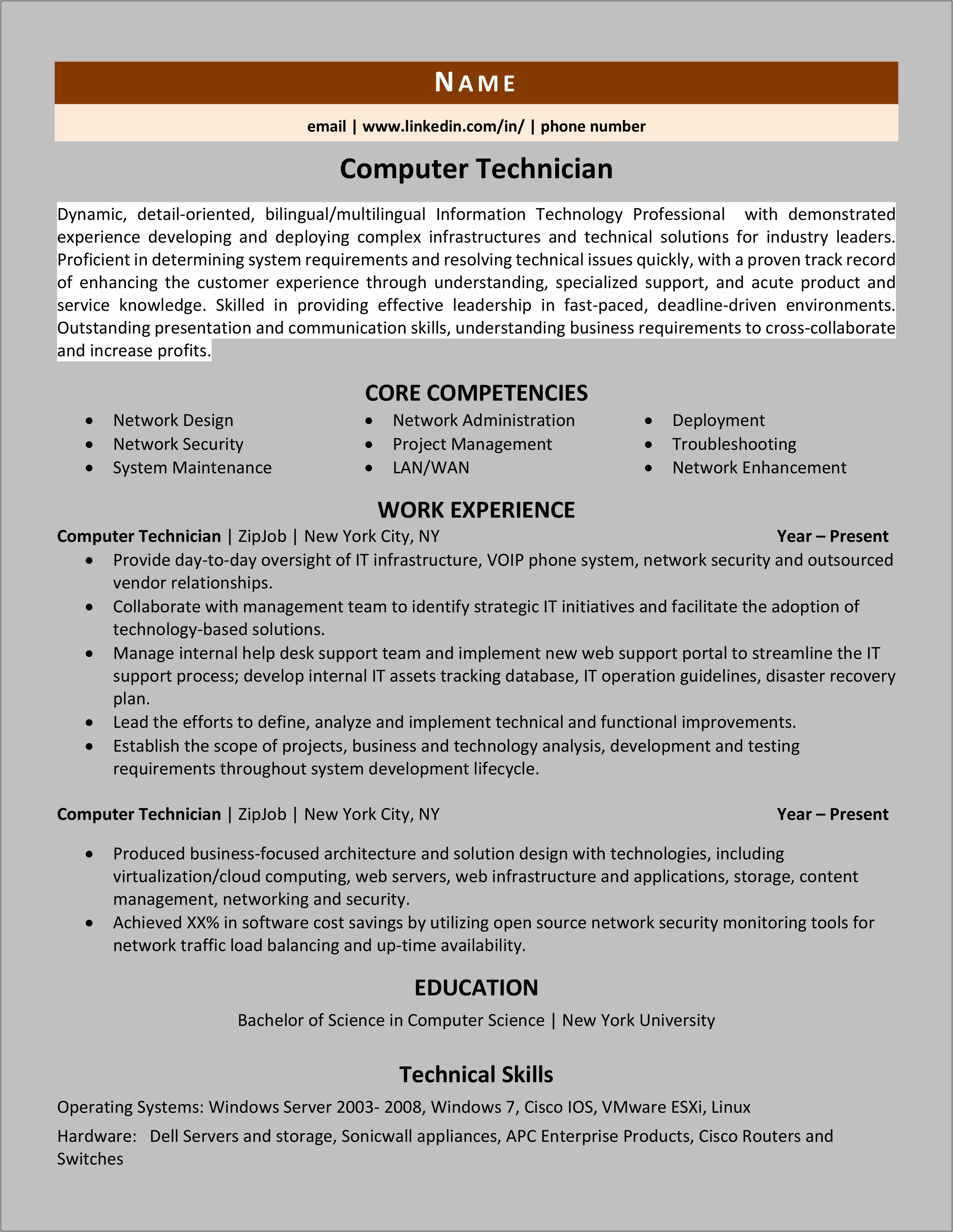 Resume For Computer Technician Job