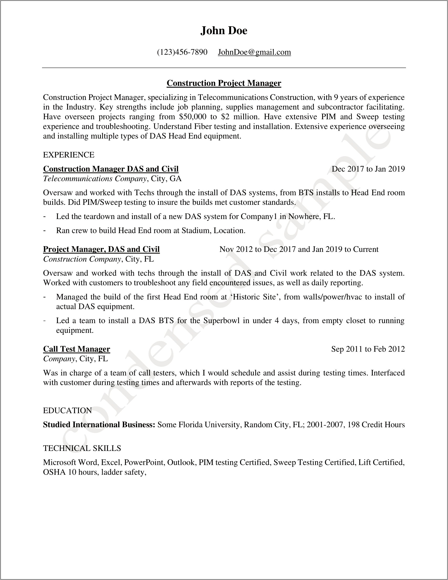 Resume For Credit Project Management
