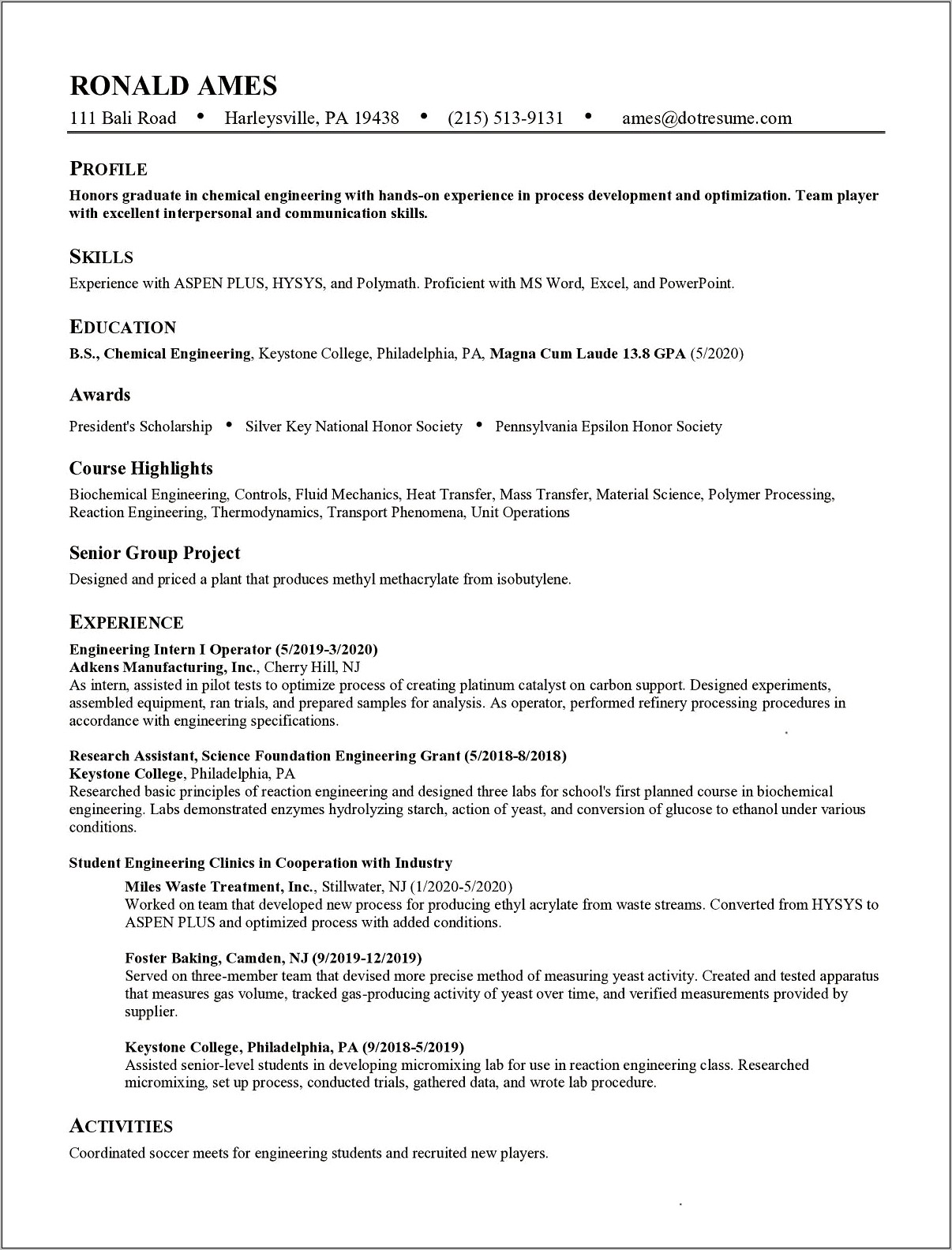 Resume For Engineering Internship Objective
