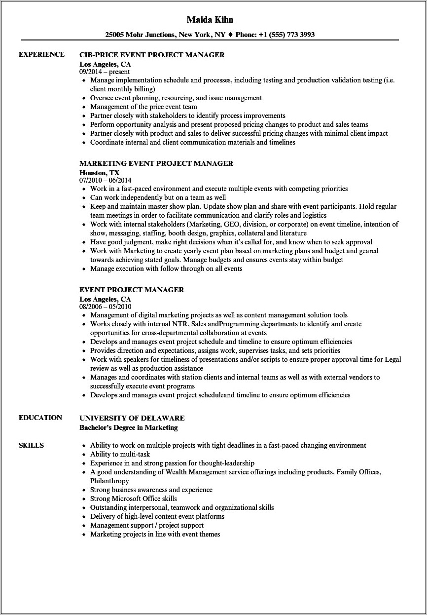 Resume For Exhibit Project Managers