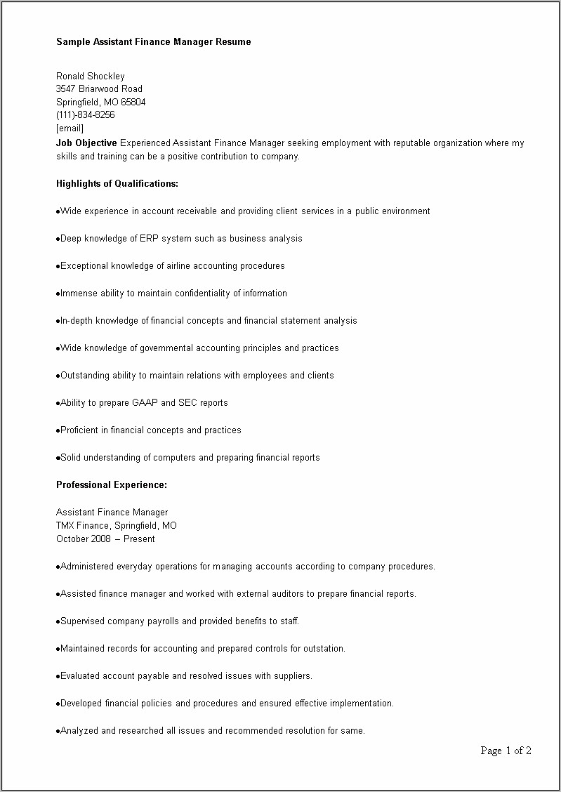 Resume For Experienced Assistatn Manager