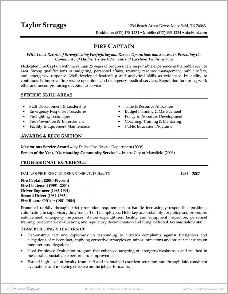 Resume For Fire Captain Free