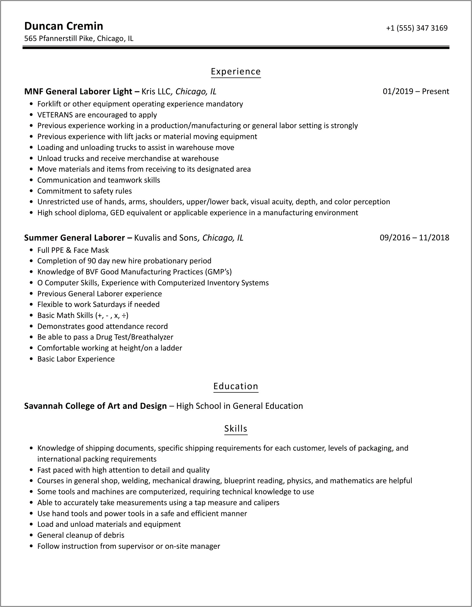 Resume For General Labor Jobs