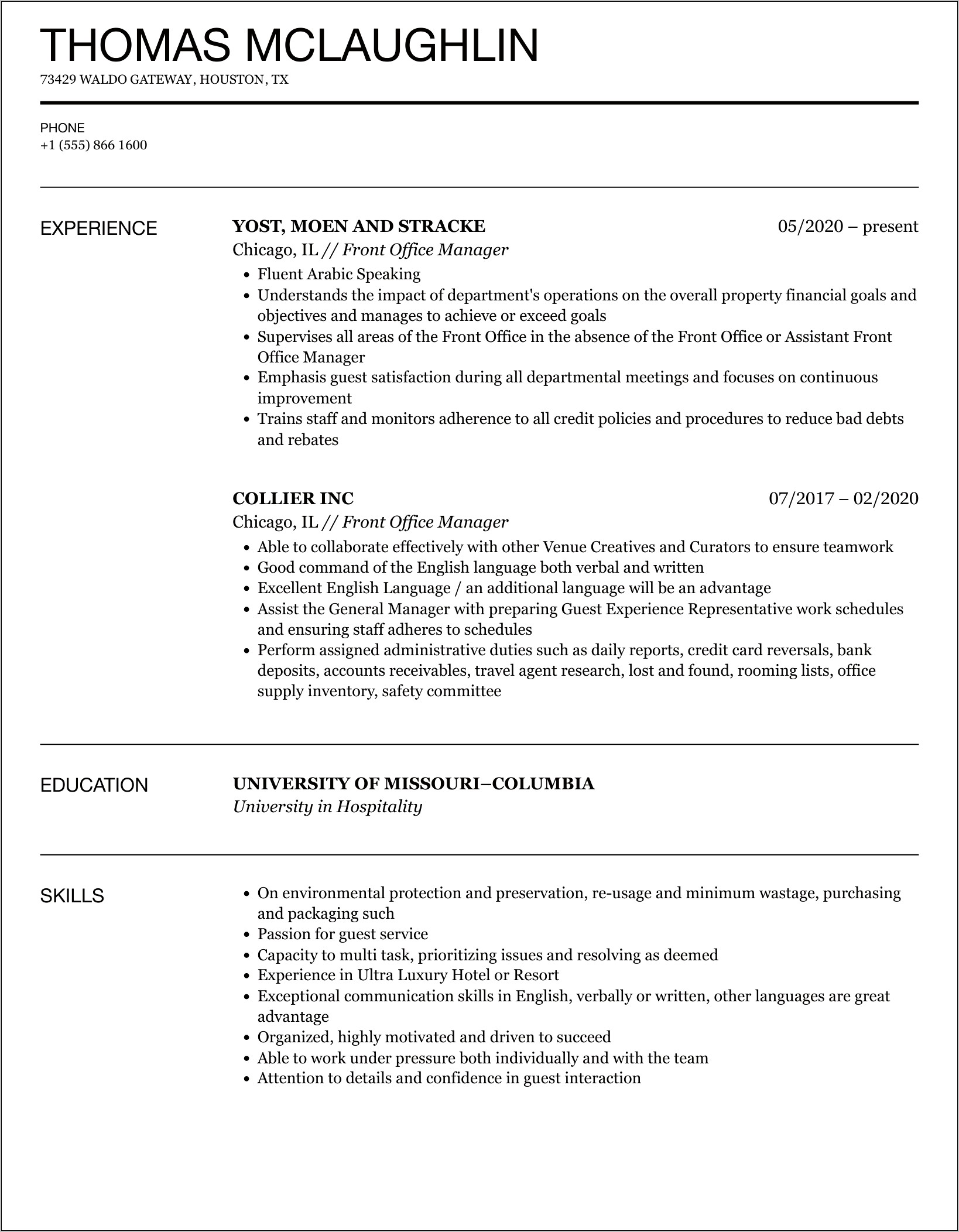 Resume For Guest Services Manager