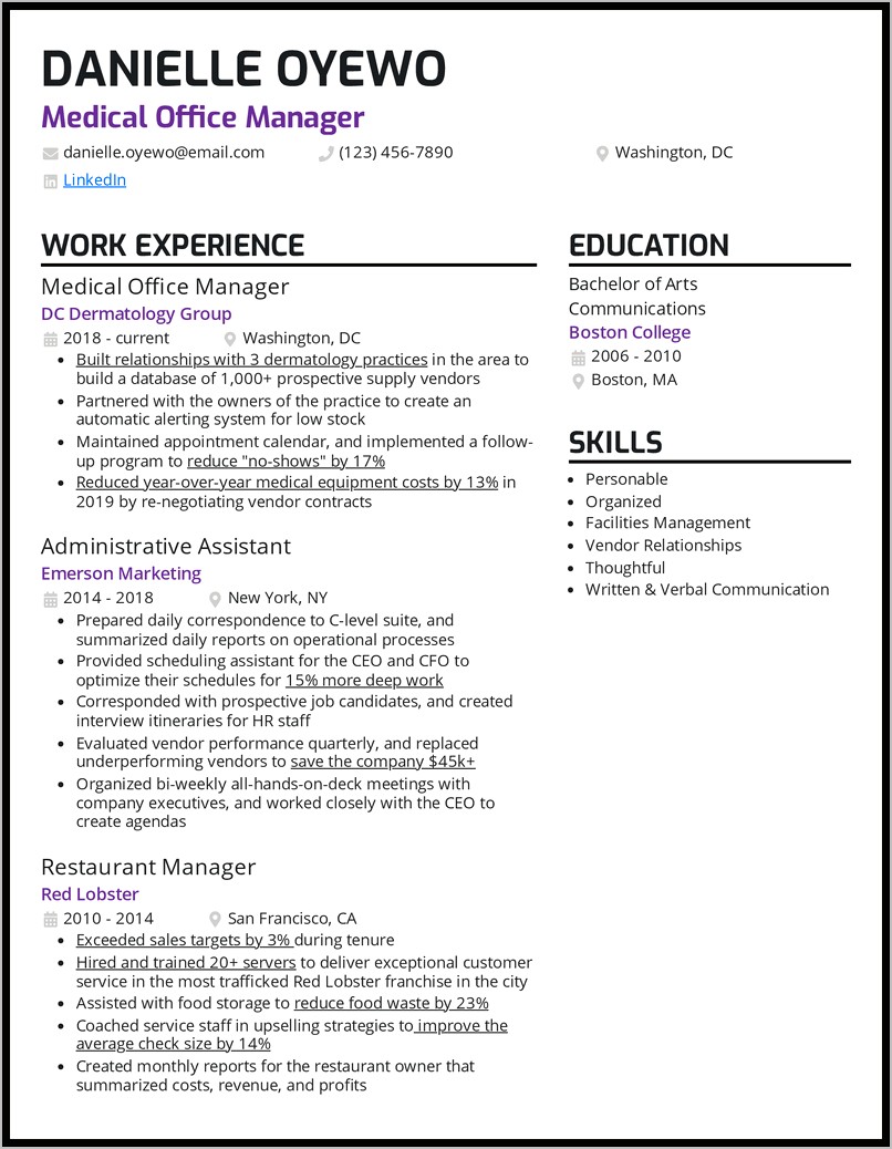 Resume For Healthcare Management Position