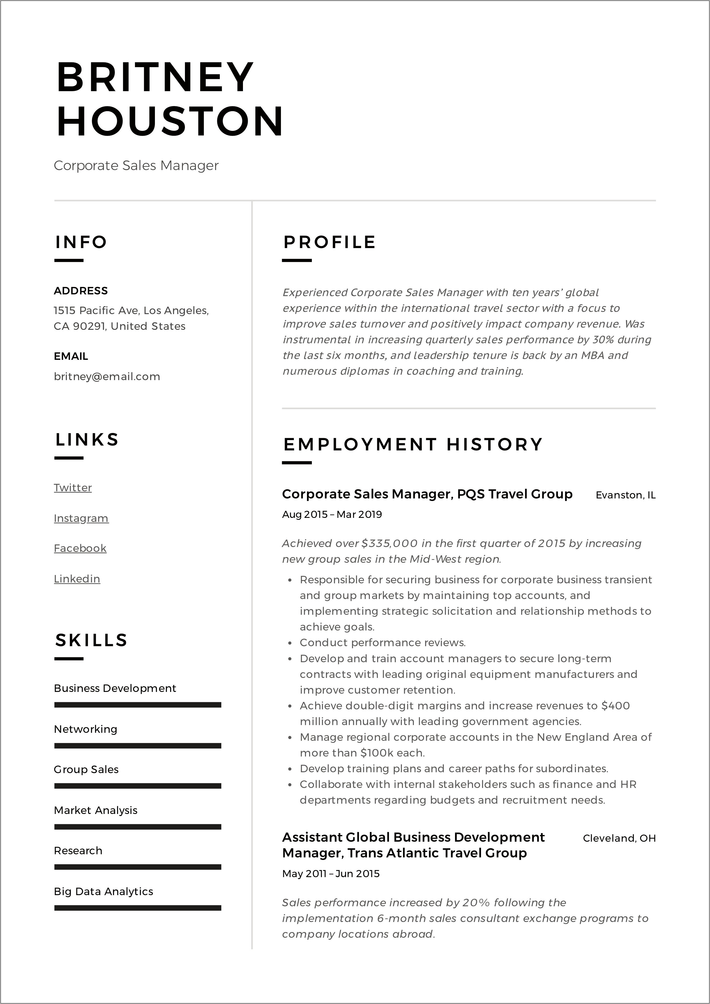 Resume For Hospitality Sales Manager