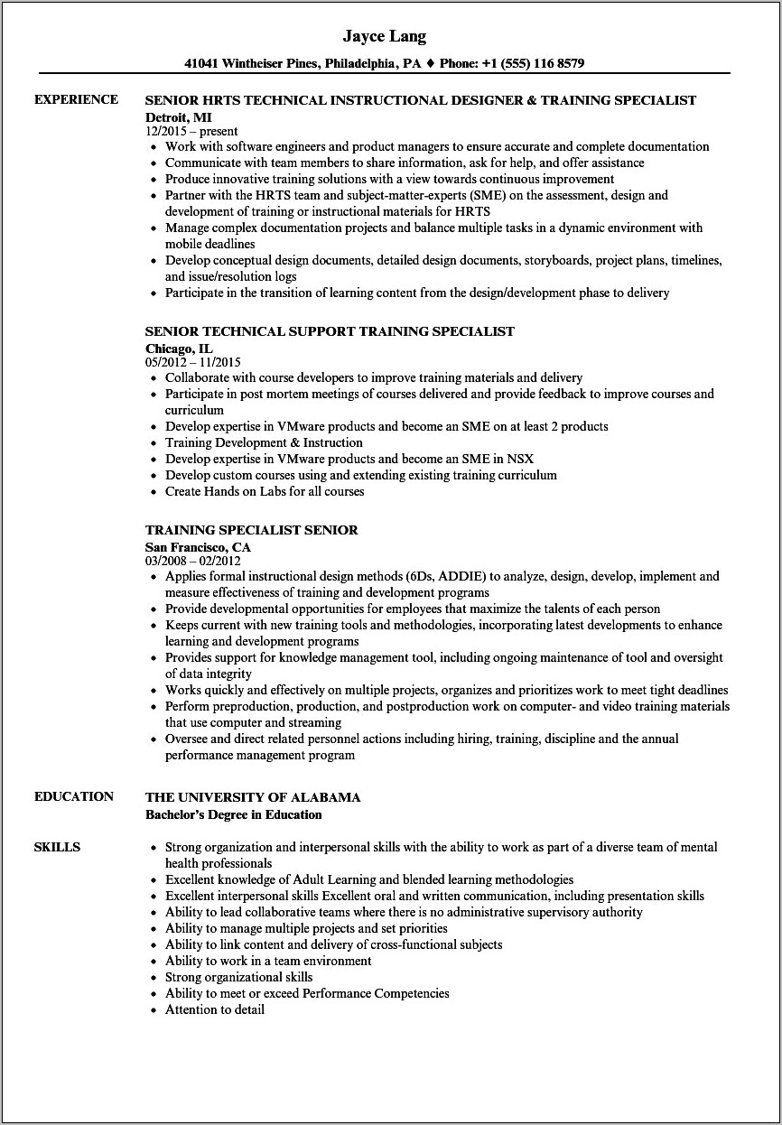 Resume For Job Training Specialist