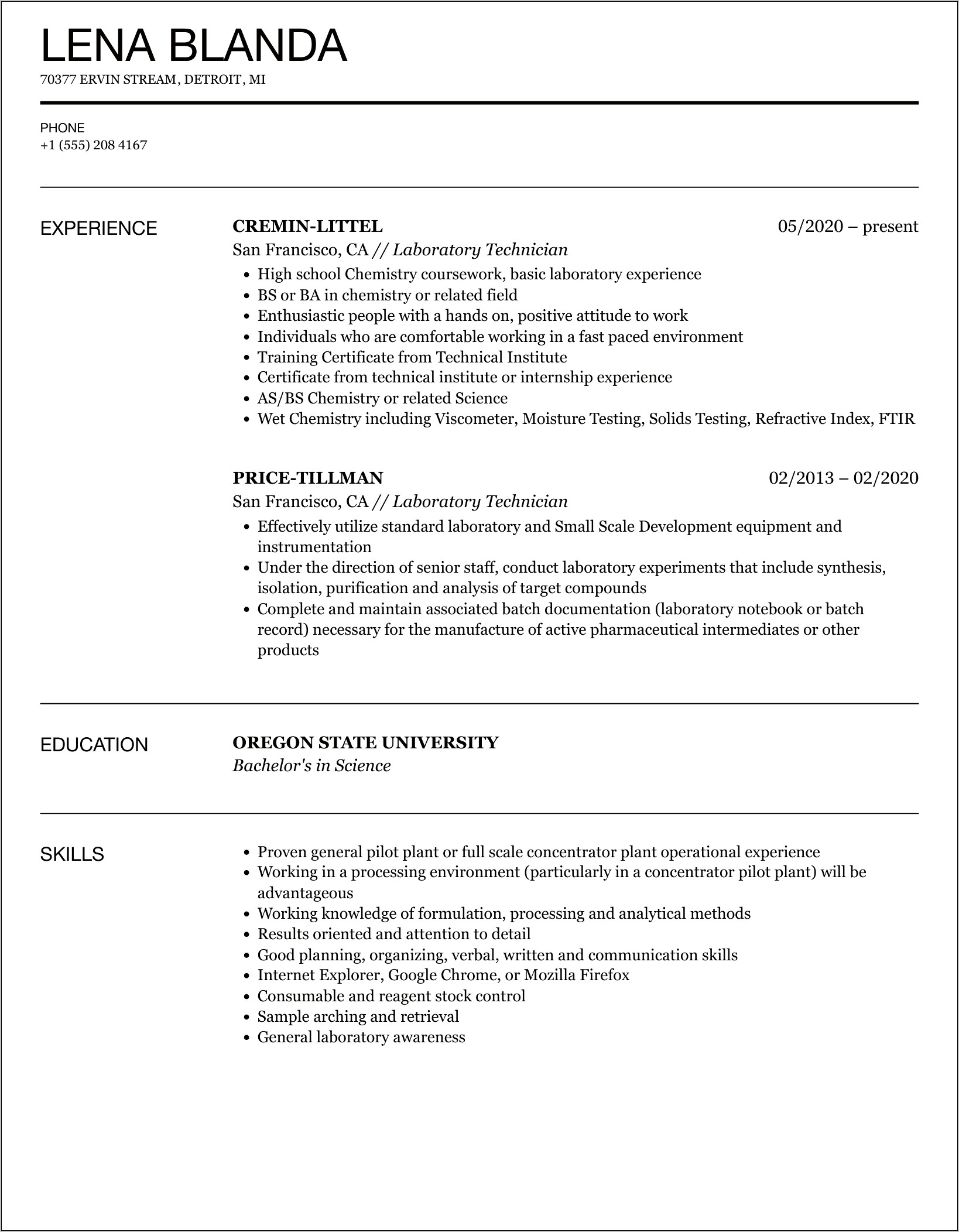 Resume For Lab Technician Job