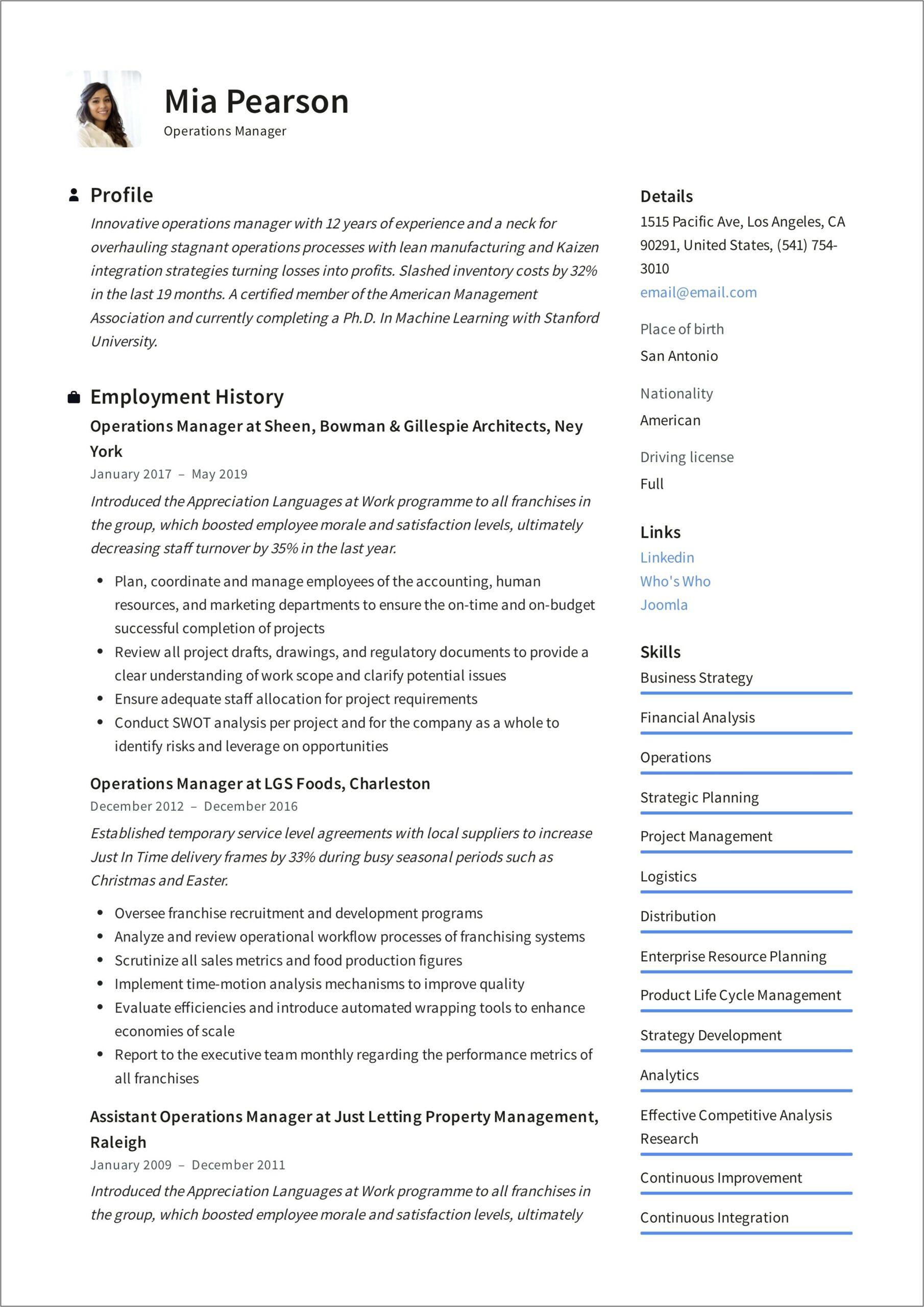 Resume For Logistics Operations Manager