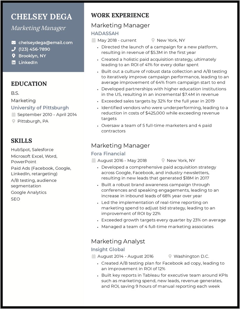 Resume For Marketing Manager Position