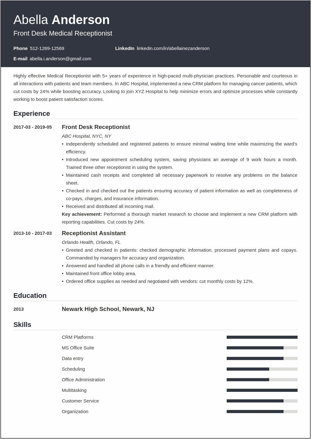 Resume For Medical Receptionist Objective