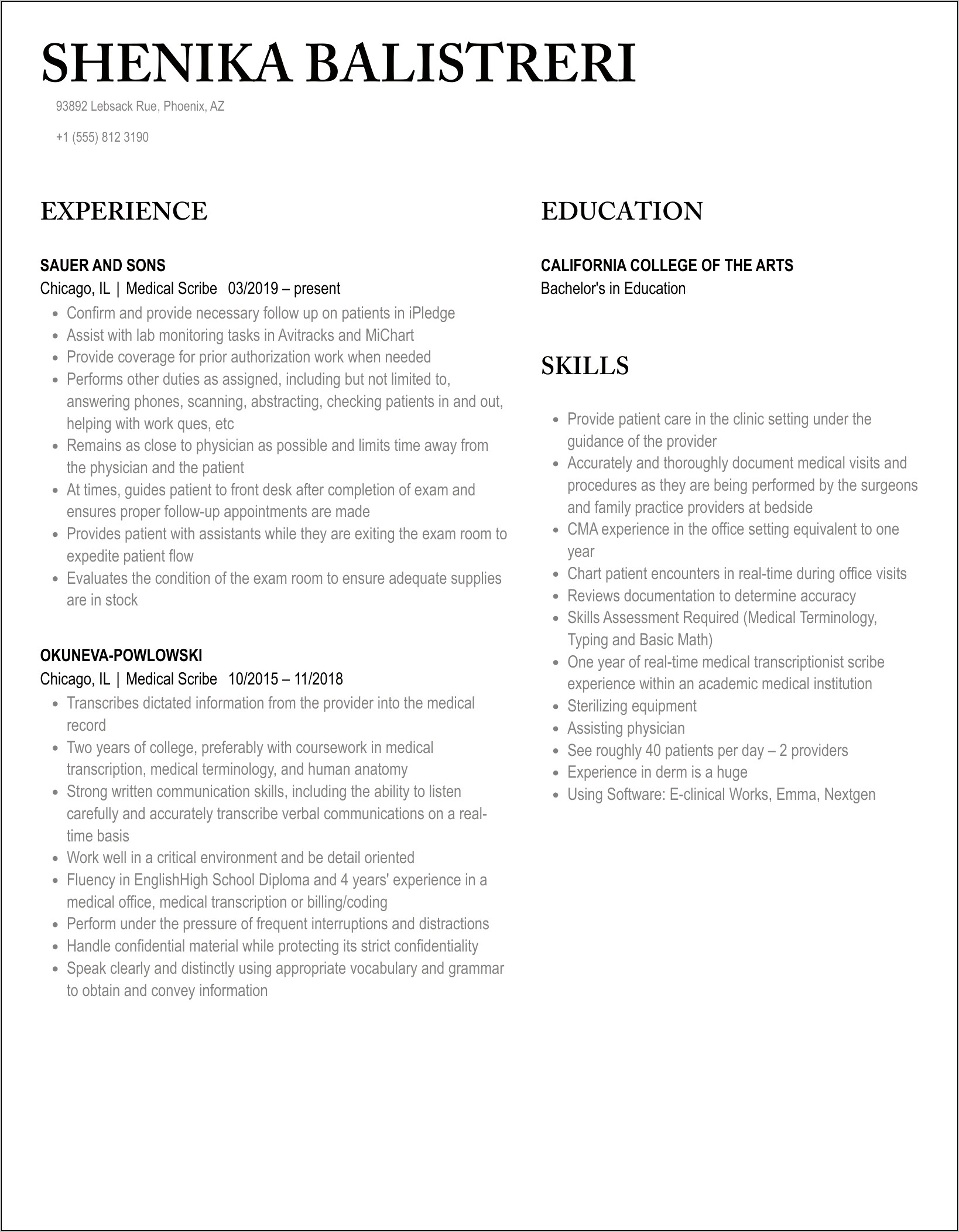 Resume For Medical Scribe Job