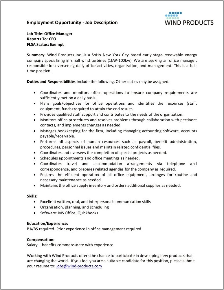 Resume For Office Manager Responsibility