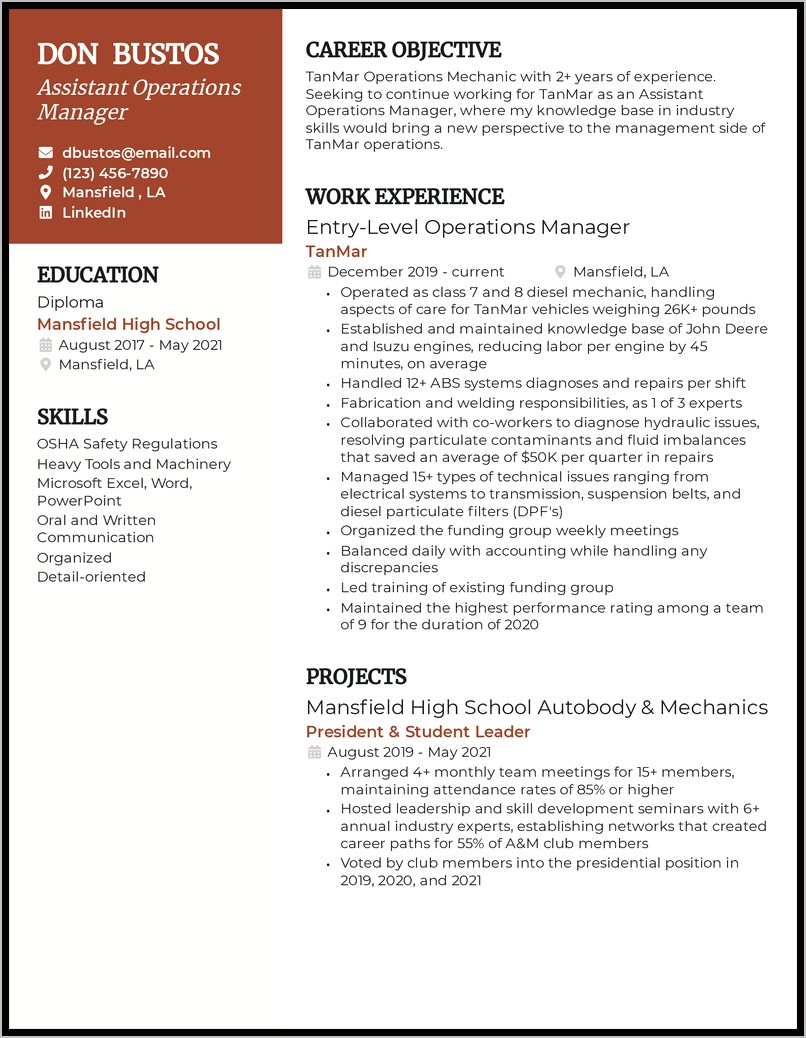 Resume For Operations Manager Position