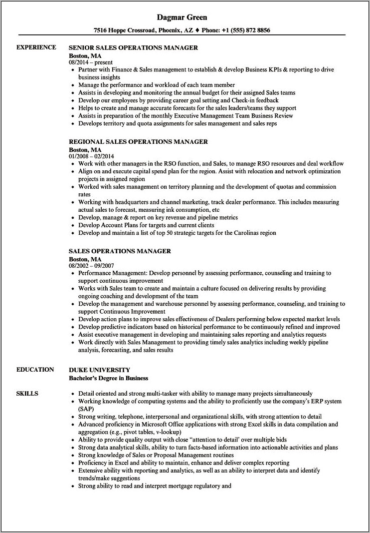 Resume For Operations Manager Sample