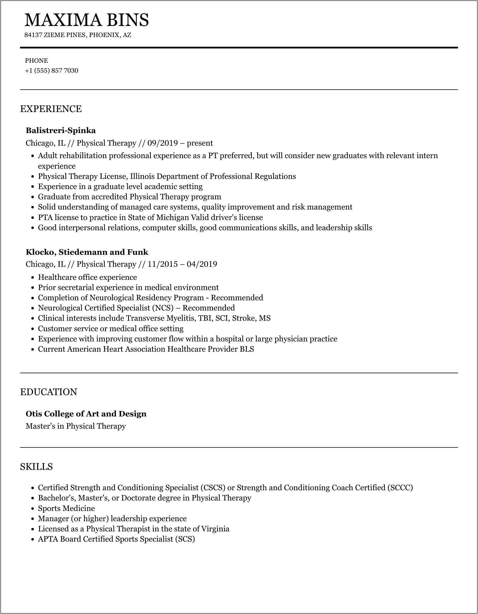 Resume For Physical Therapy Manager