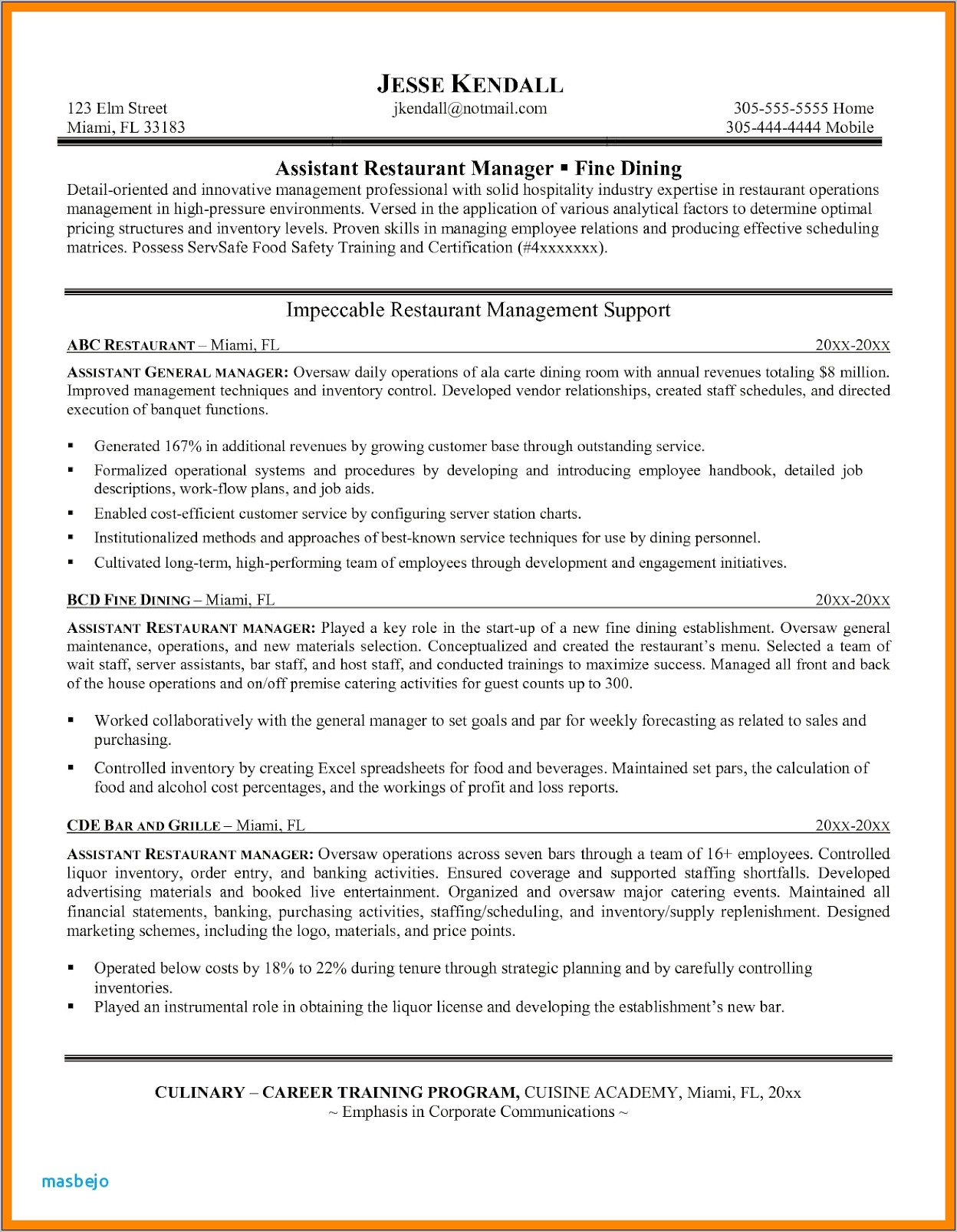 Resume For Restaurant Manager Pdf