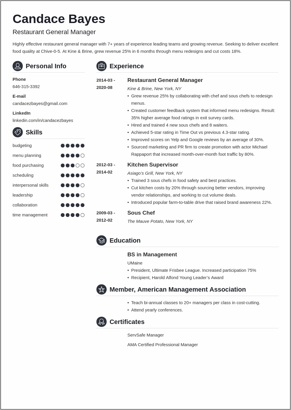 Resume For Restaurant Store Manager