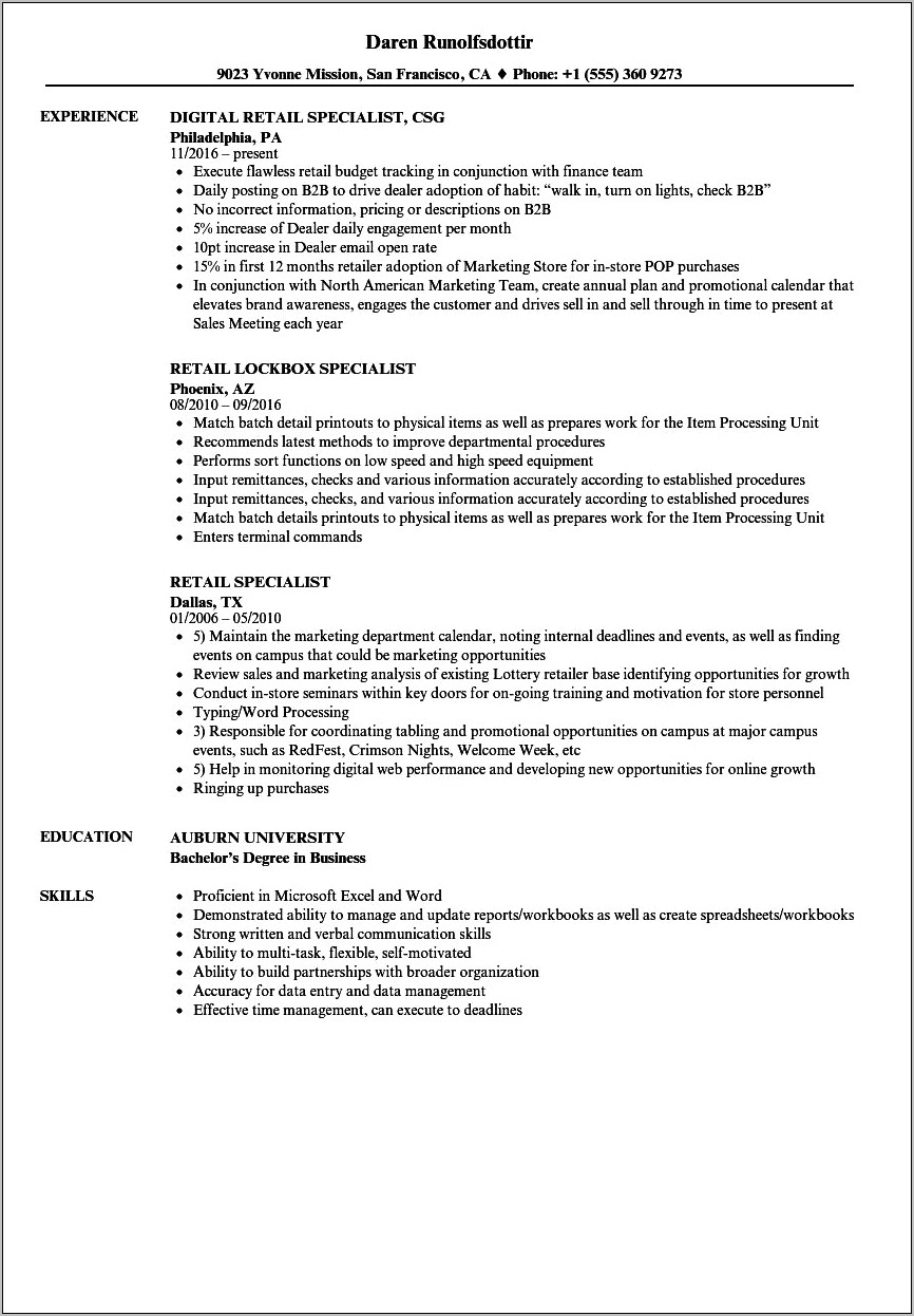 Resume For Retail Jobs Communication