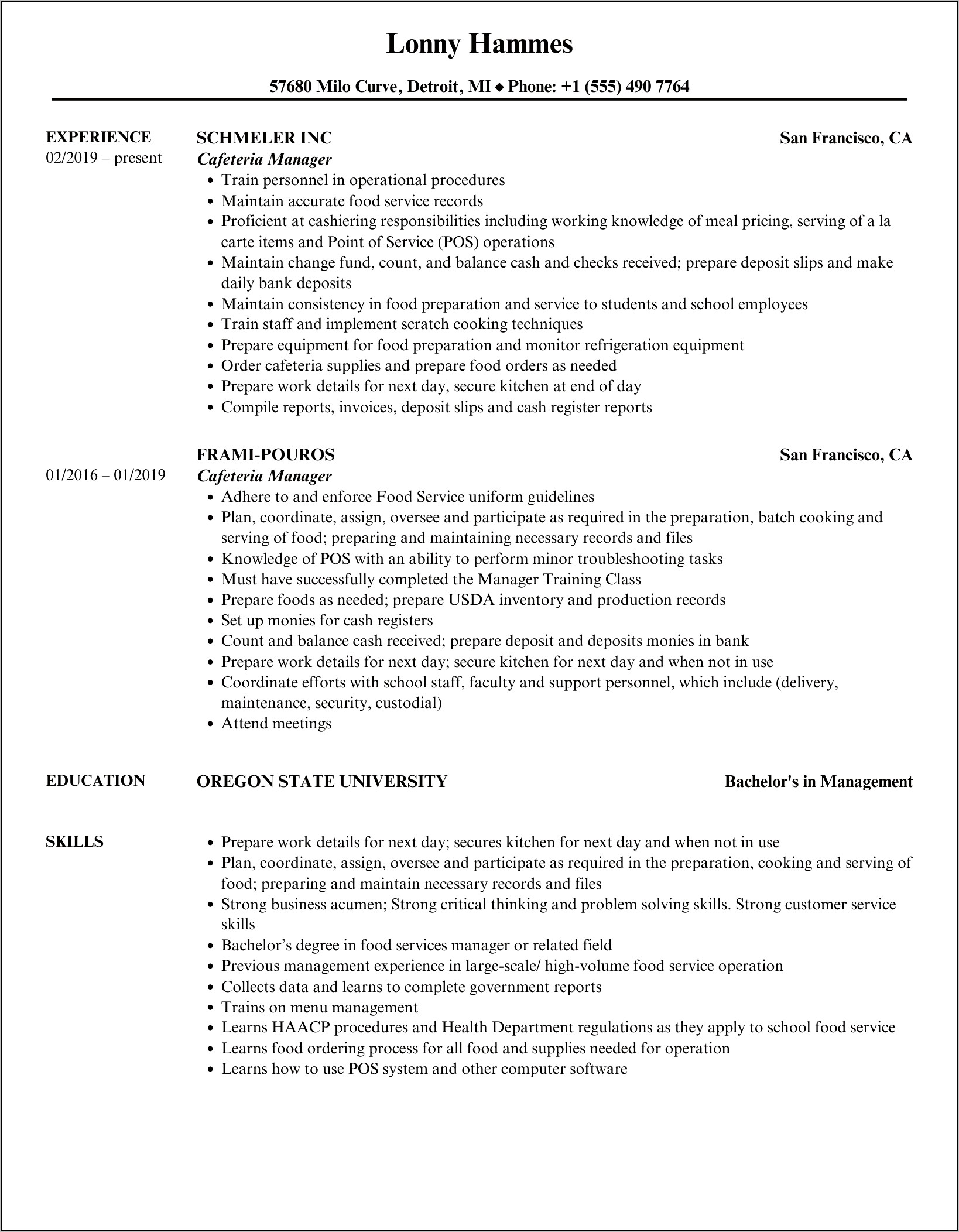 Resume For School Cafeteria Manager