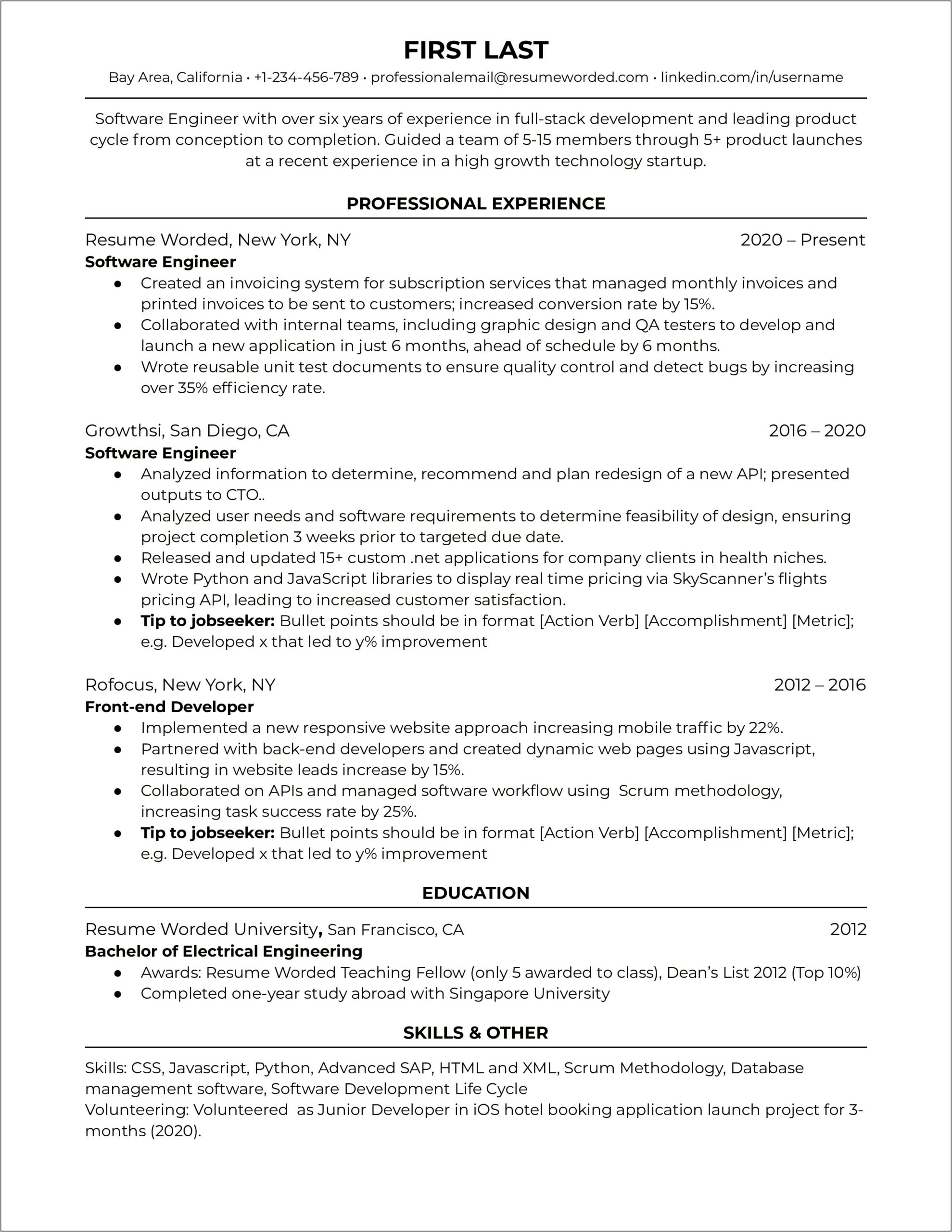 Resume For Startup Experience Example