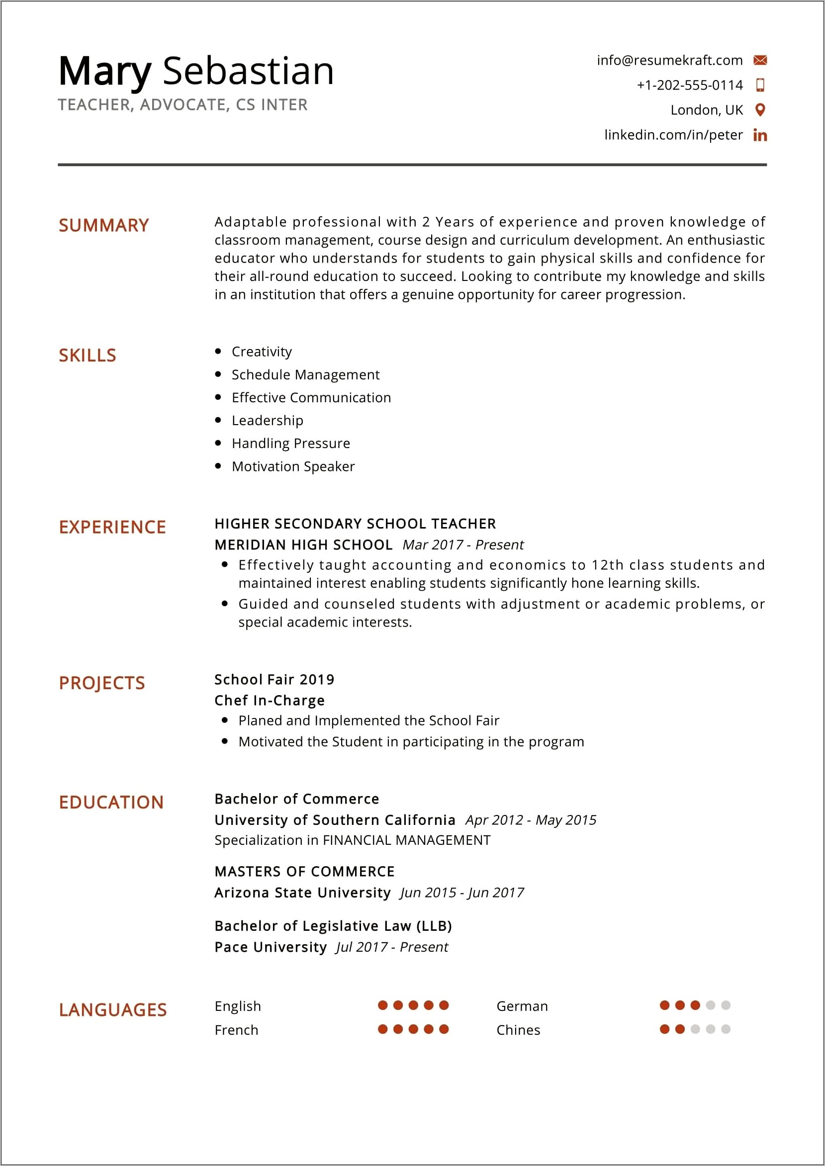 Resume For Teachers Position Skills