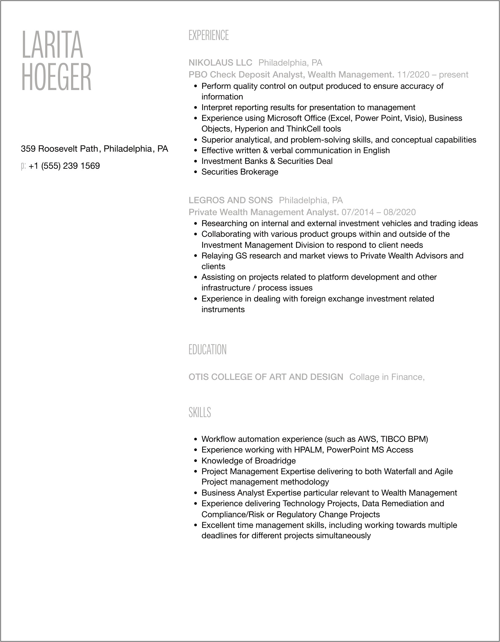 Resume For Wealth Management Analyst