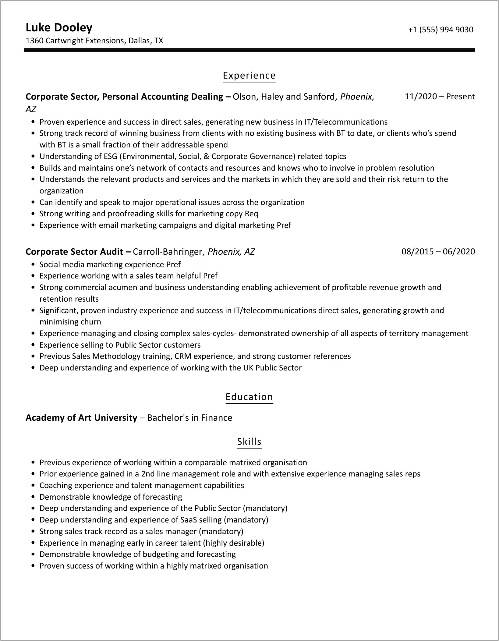 Resume Format For Company Job