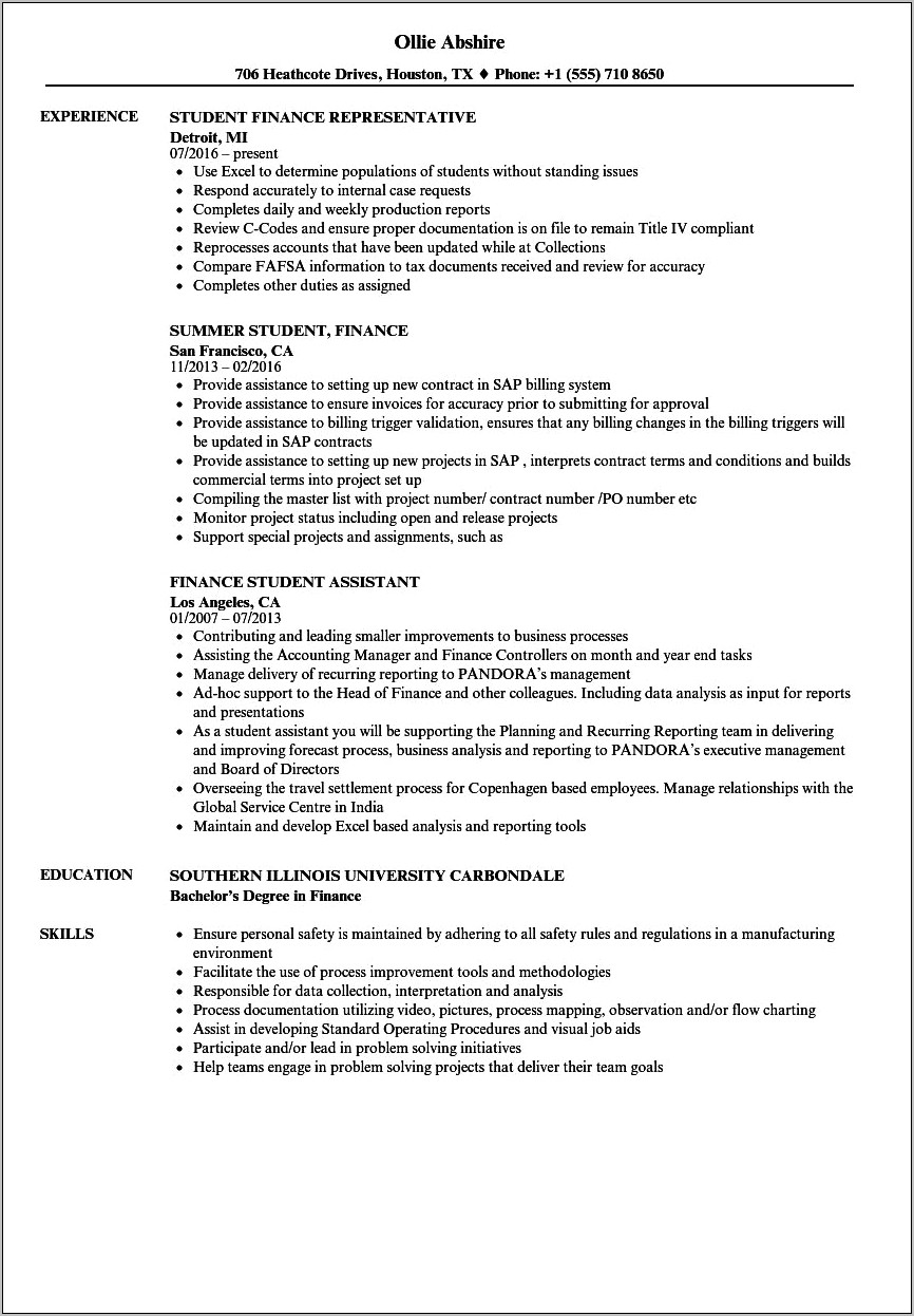 Resume Format For Finance Jobs