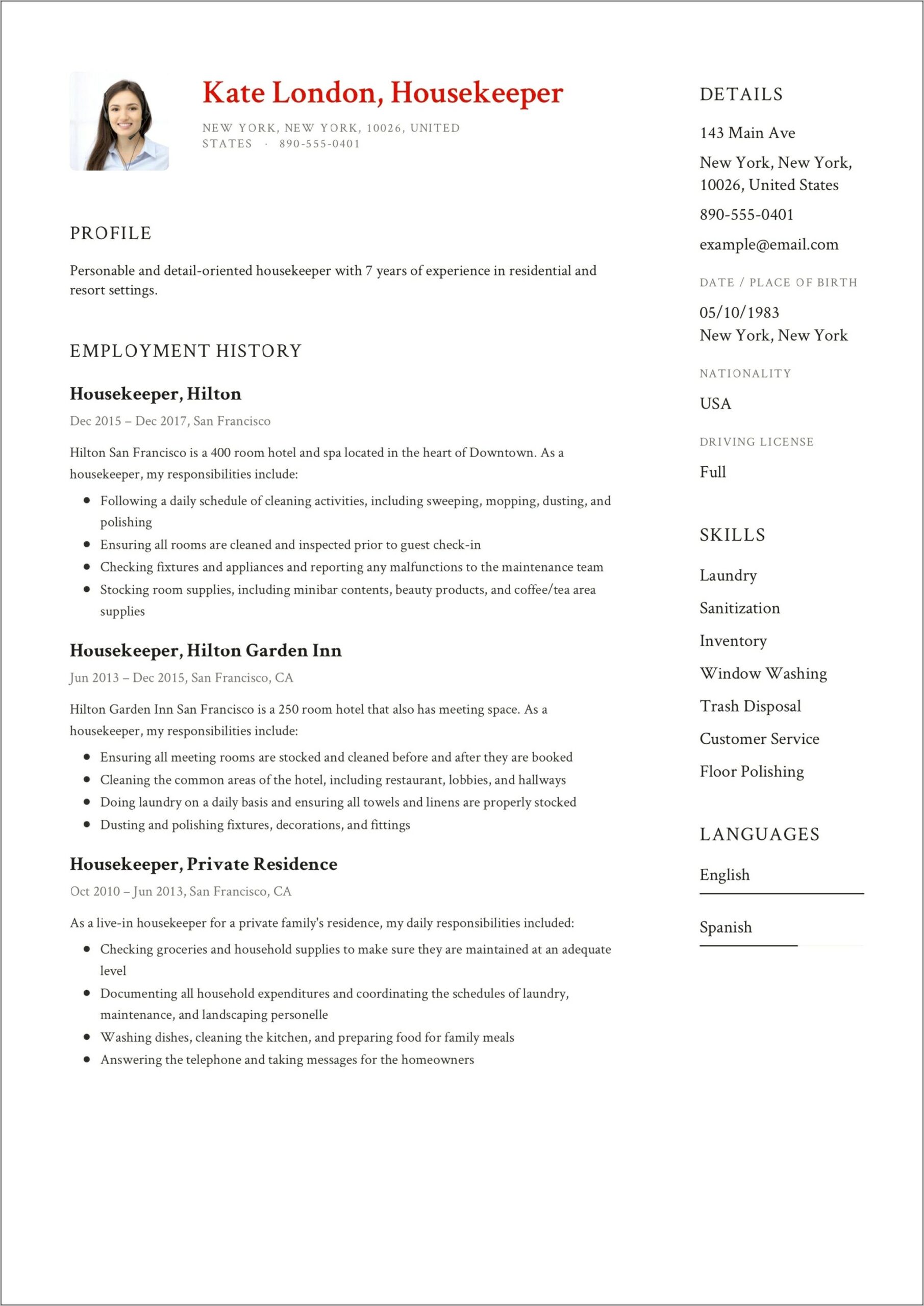 Resume Format For Housekeeping Manager