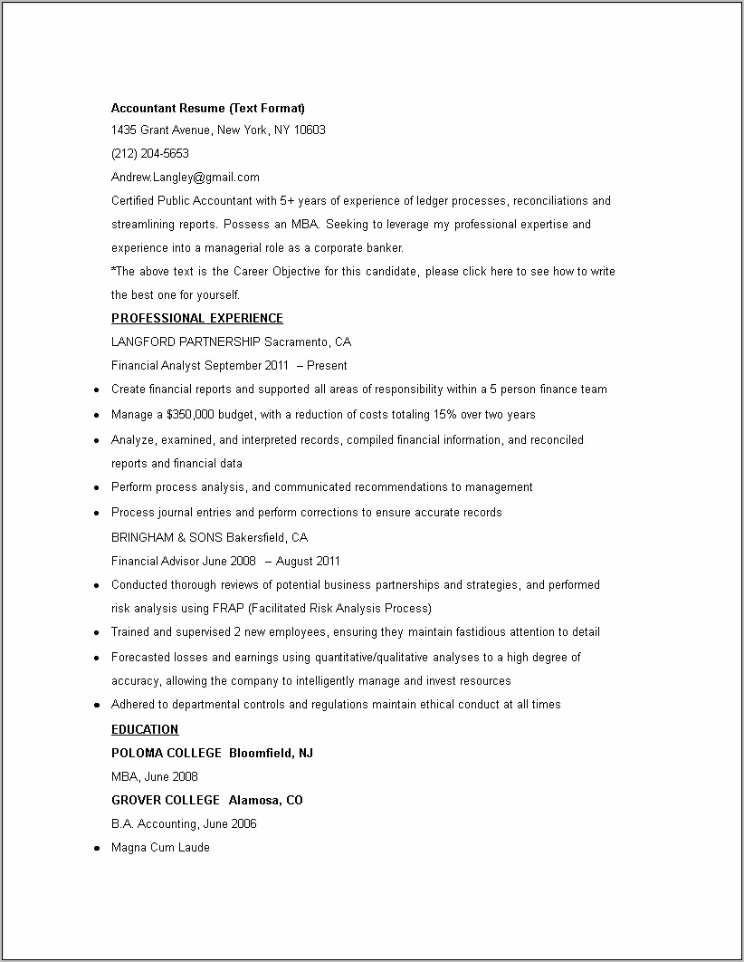Resume Format For Job Accountancy