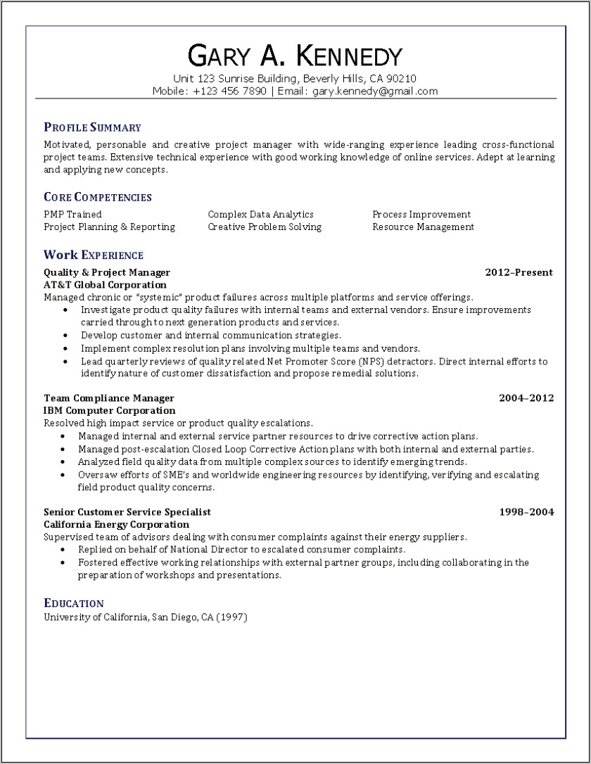 Resume Format For Quality Manager