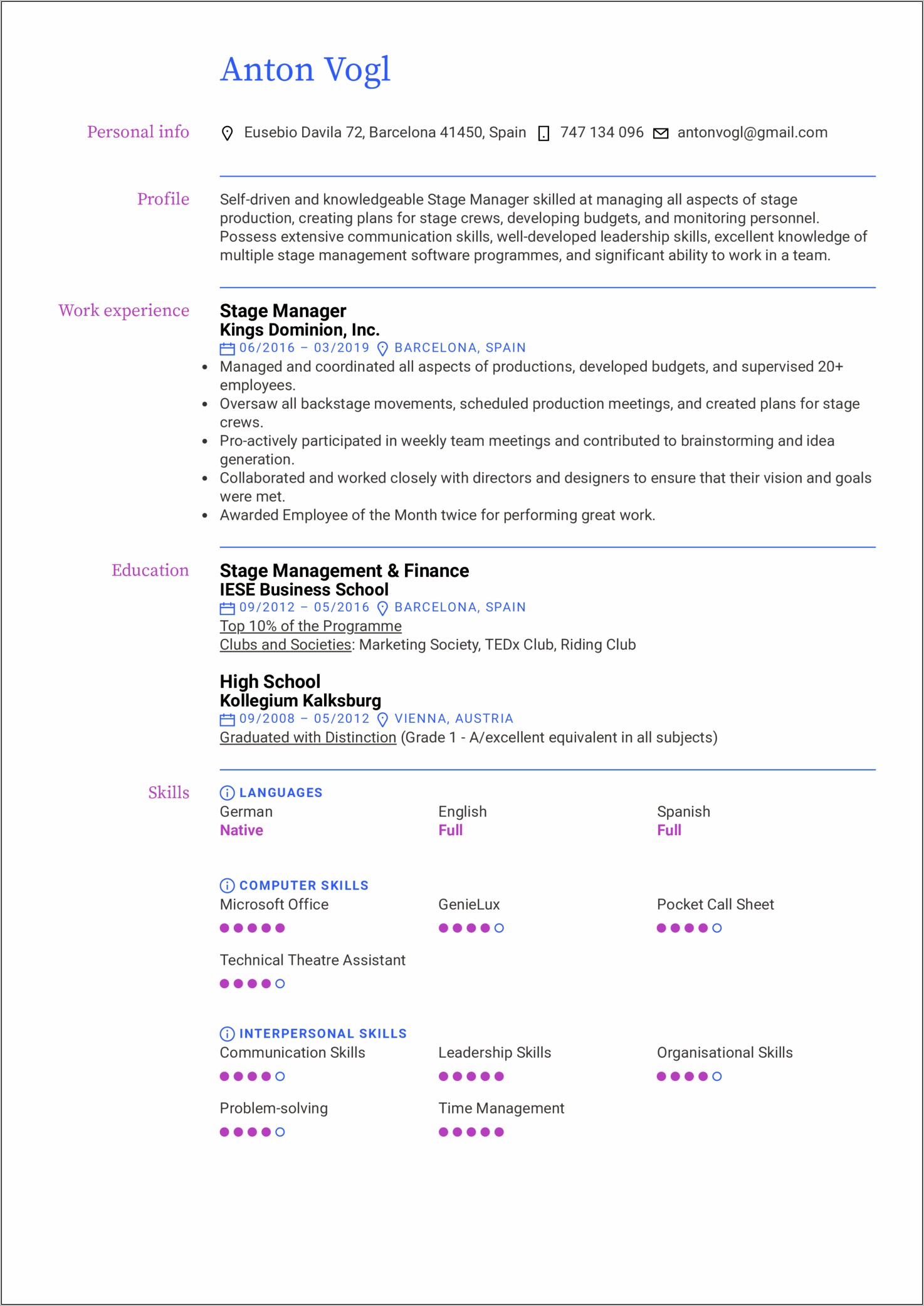Resume From Former Theater Manager
