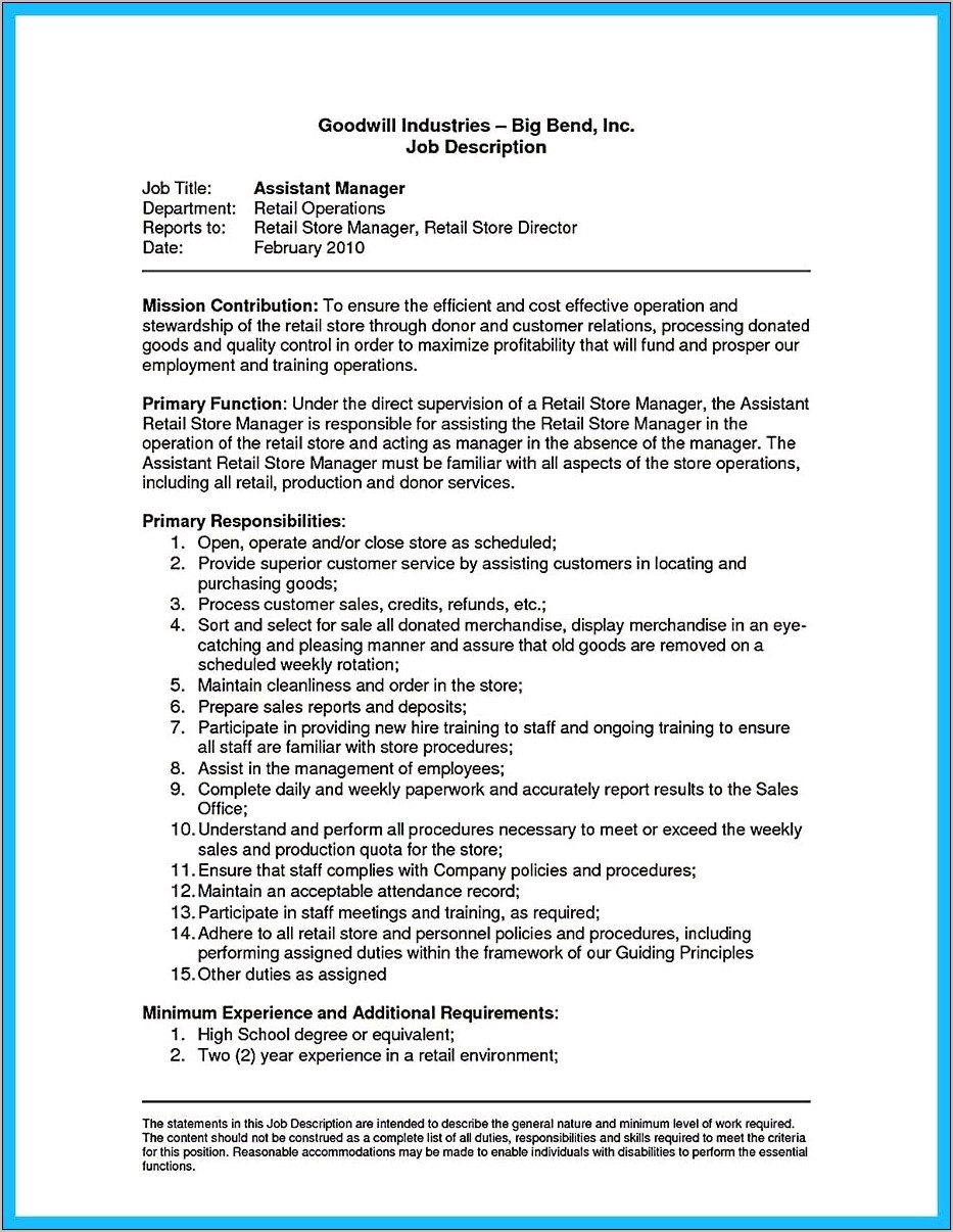 Resume General Manager Job Description