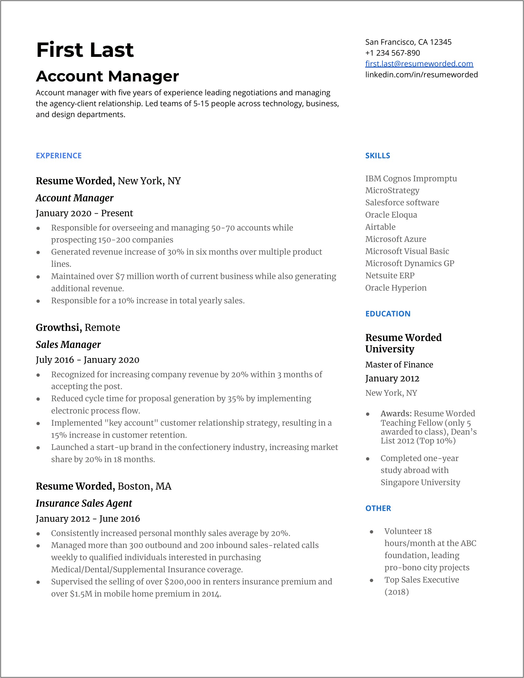 Resume Header For Proposal Manager