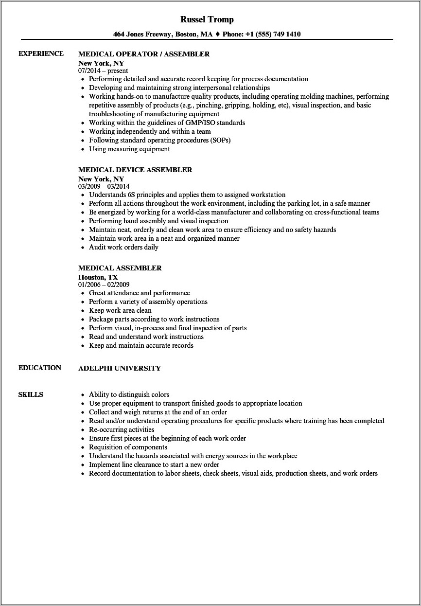Resume Job Description For Assembler