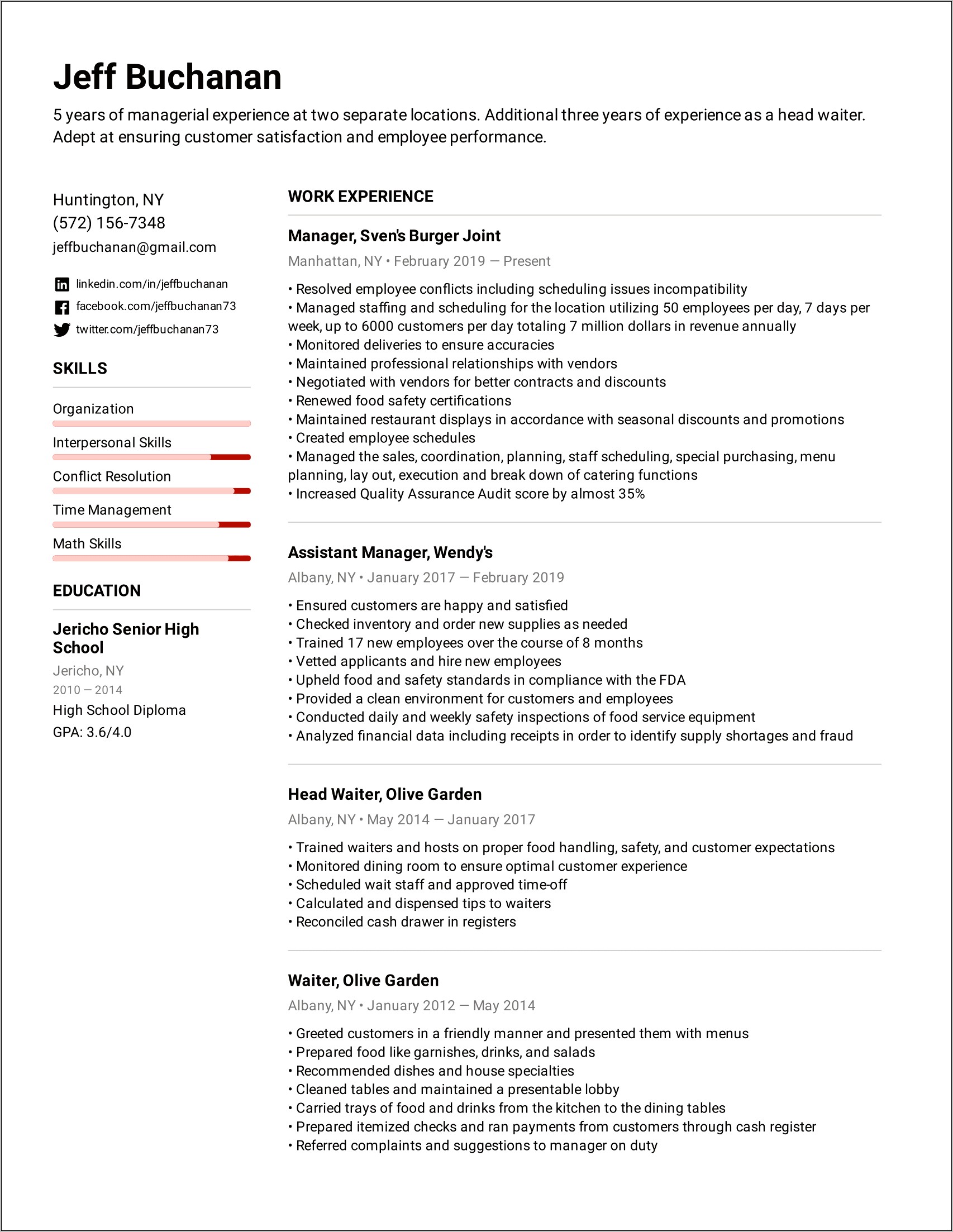 Resume Job Description For Resturaunt