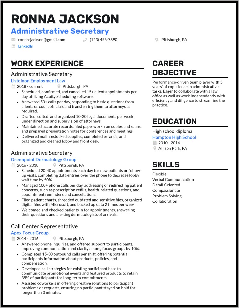 Resume Job Descriptions For Secretary