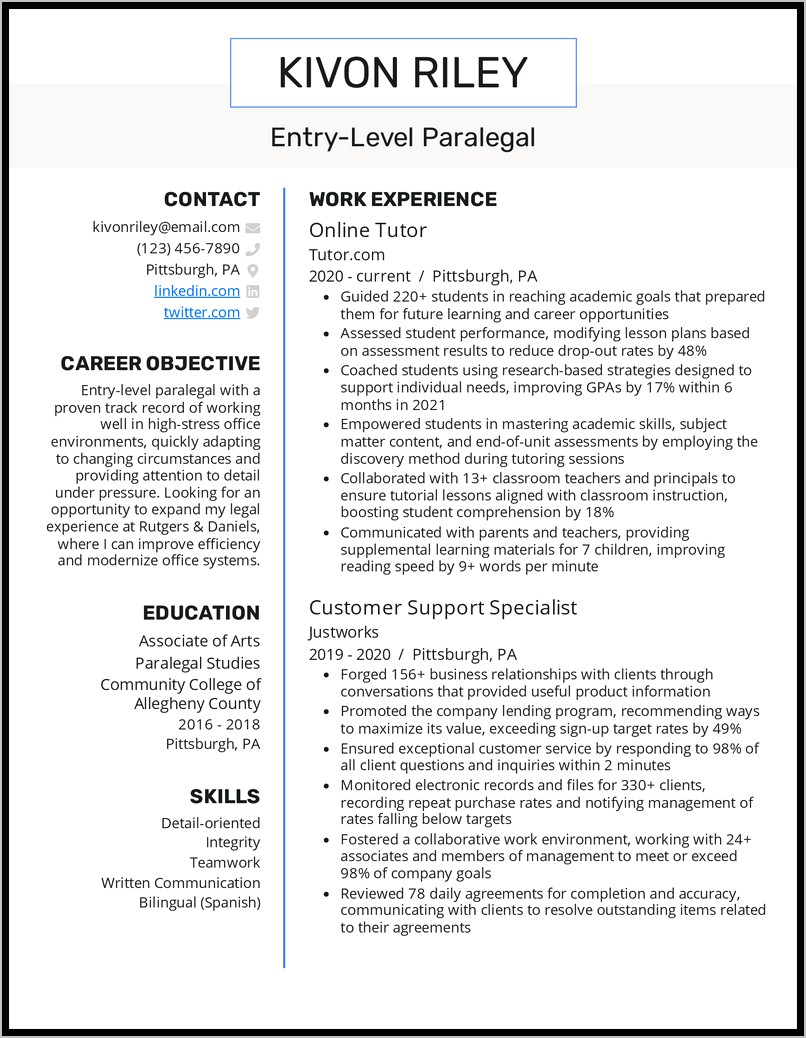 Resume Objective As A Paralegal
